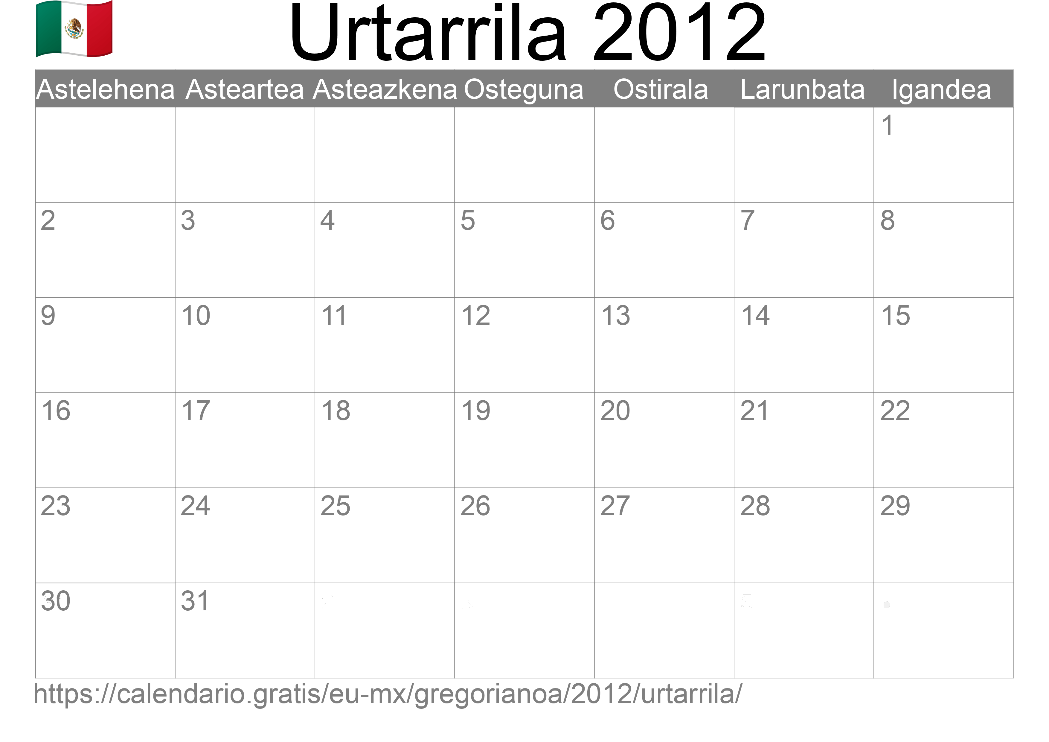 2012ko Urtarrila egutegia inprimatzeko