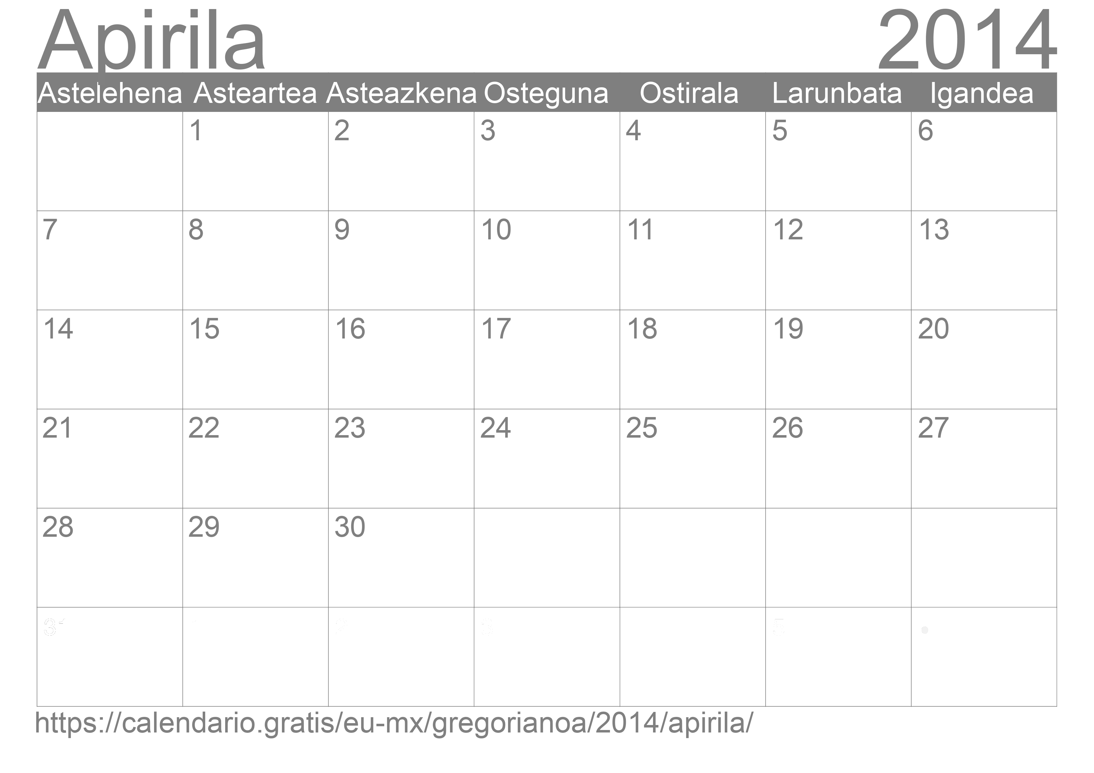 2014ko Apirila egutegia inprimatzeko