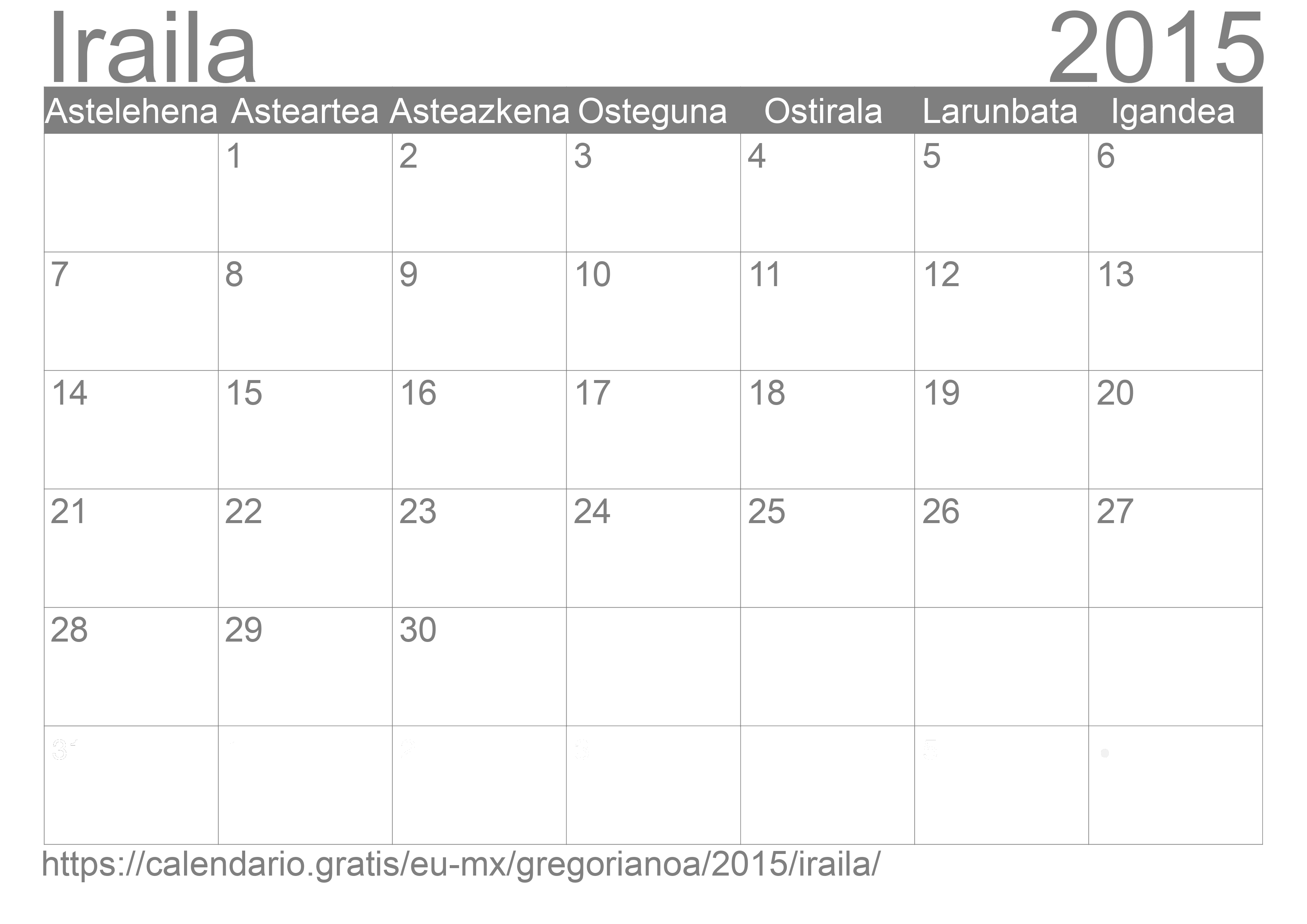 2015ko Iraila egutegia inprimatzeko