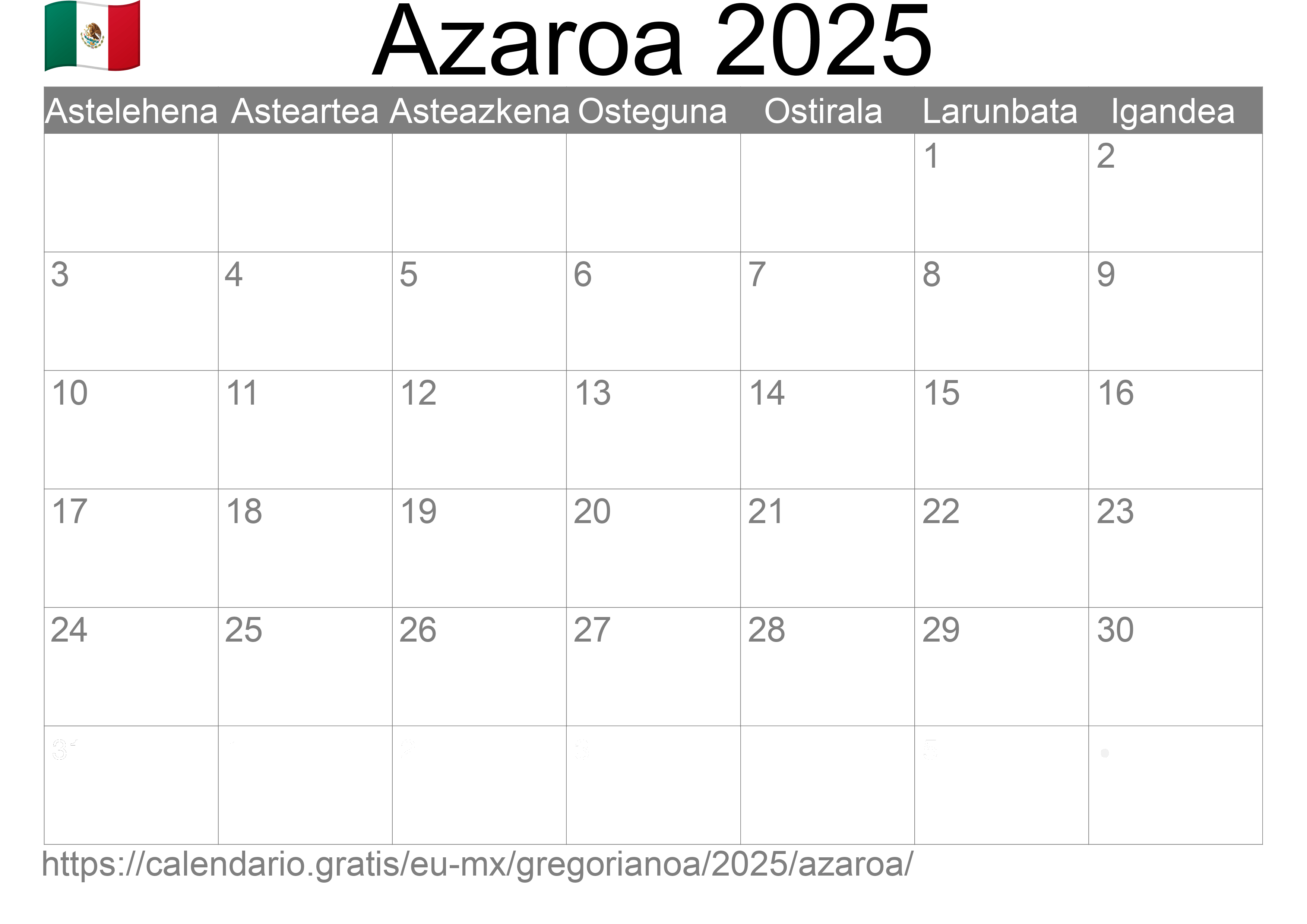 2025ko Azaroa egutegia inprimatzeko