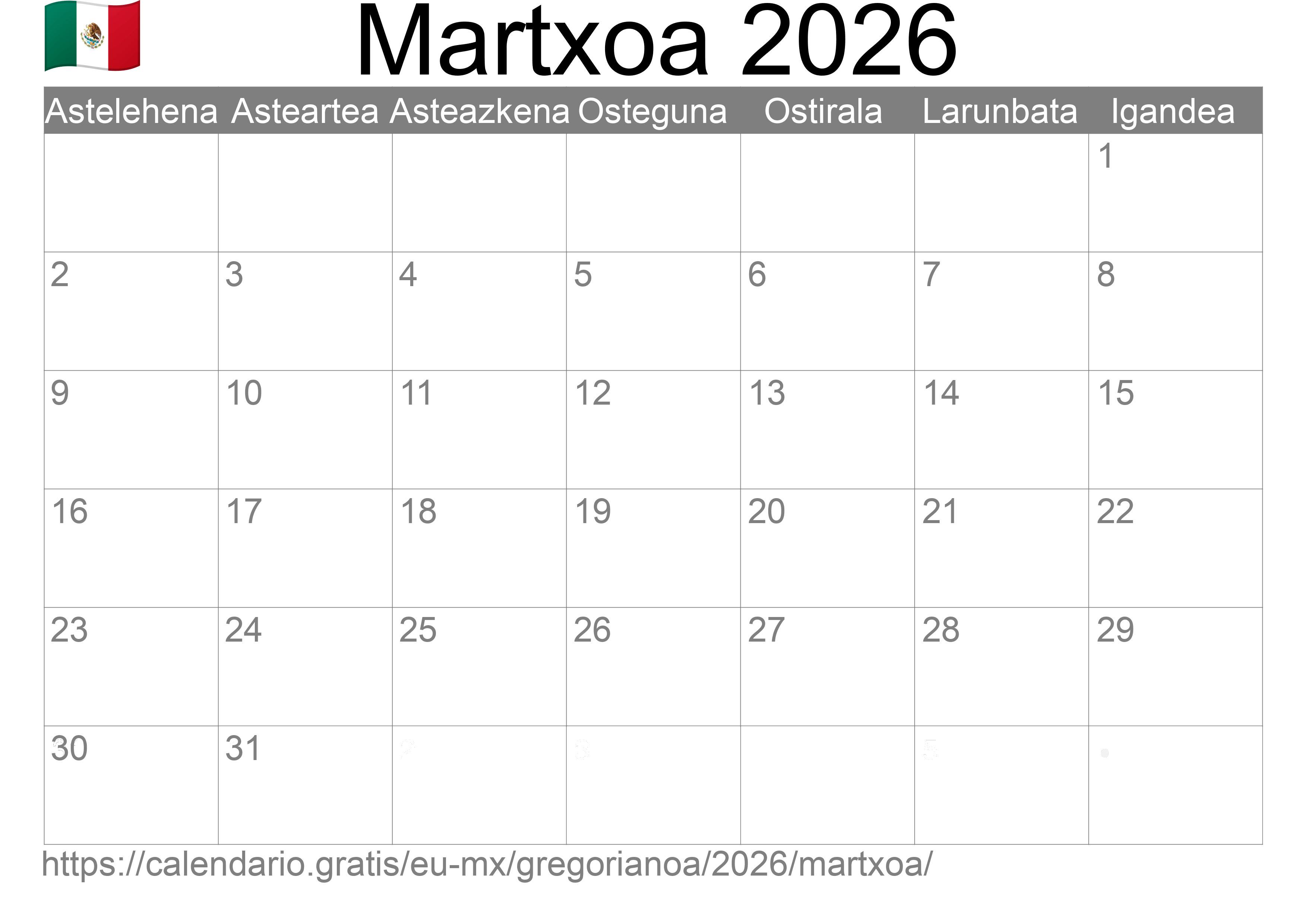 2026ko Martxoa egutegia inprimatzeko