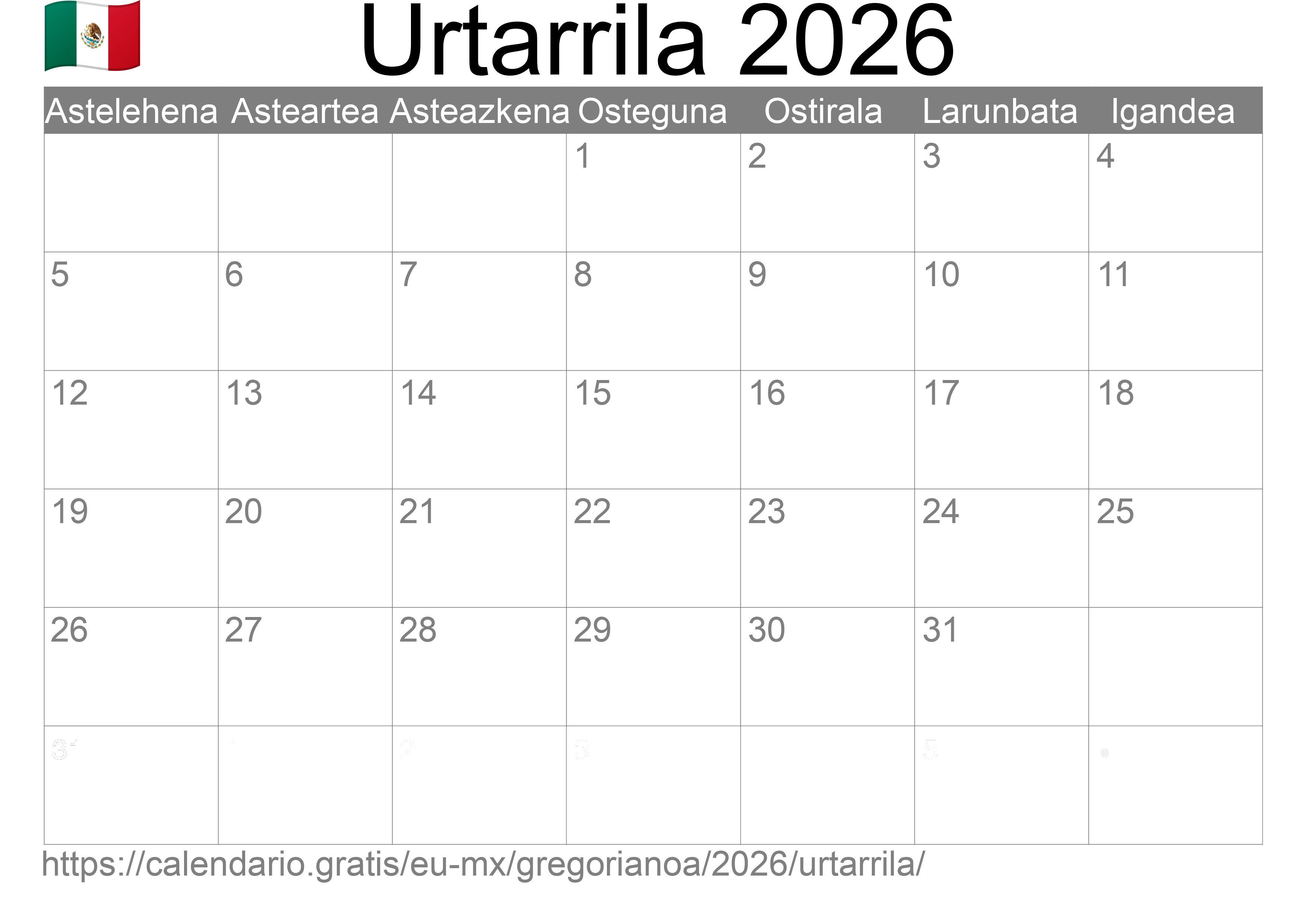 2026ko Urtarrila egutegia inprimatzeko