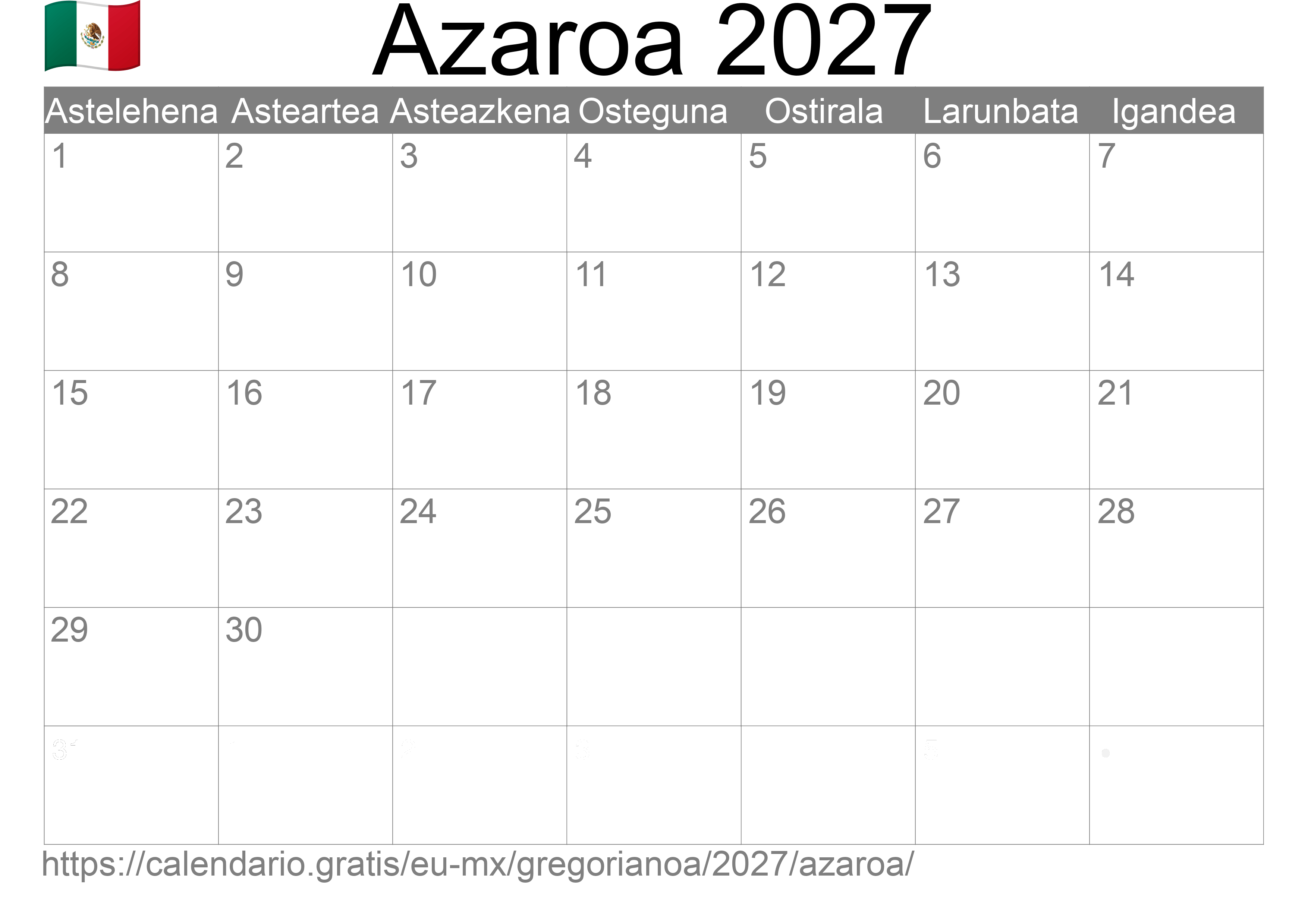 2027ko Azaroa egutegia inprimatzeko