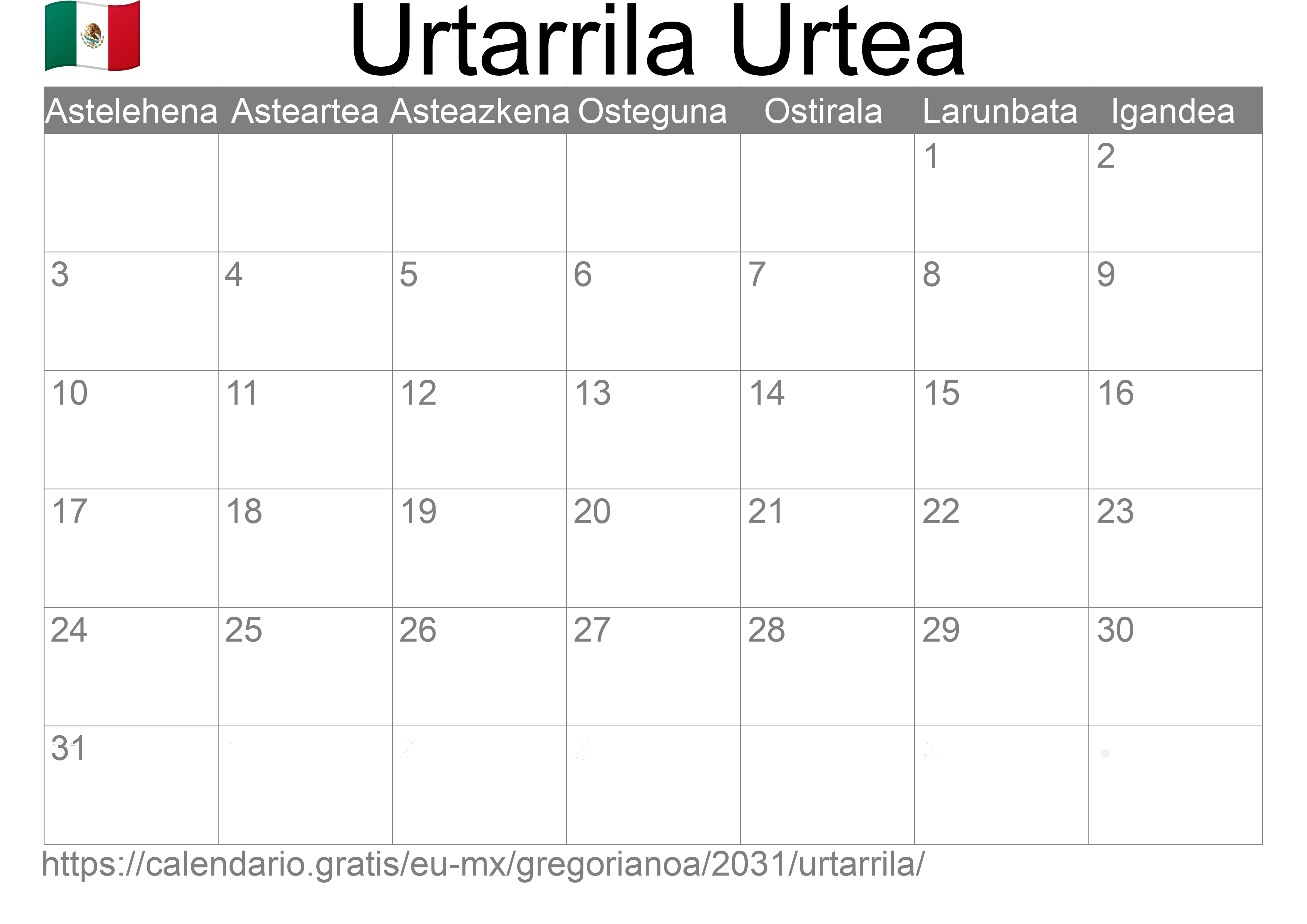 2031ko Urtarrila egutegia inprimatzeko