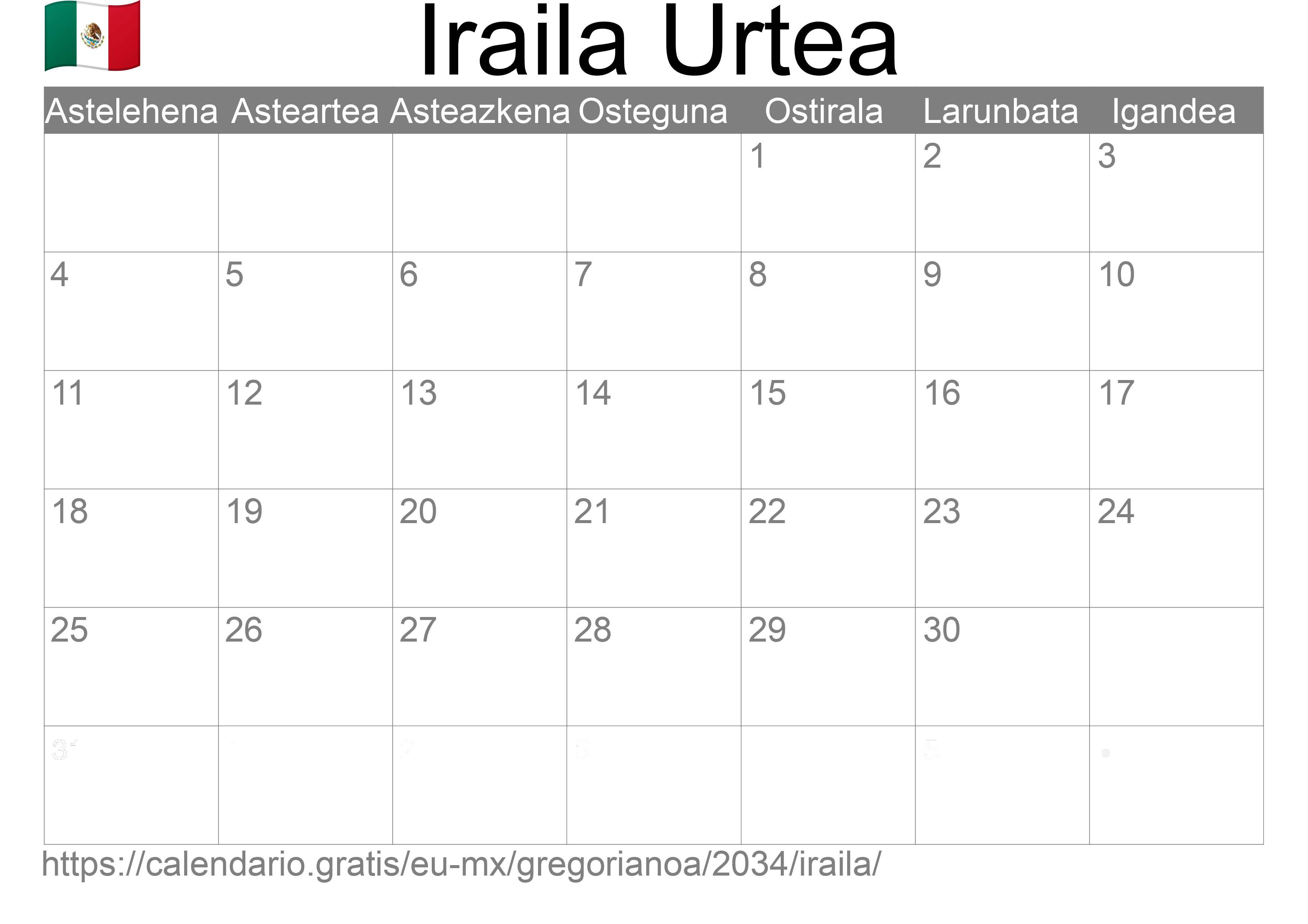 2034ko Iraila egutegia inprimatzeko