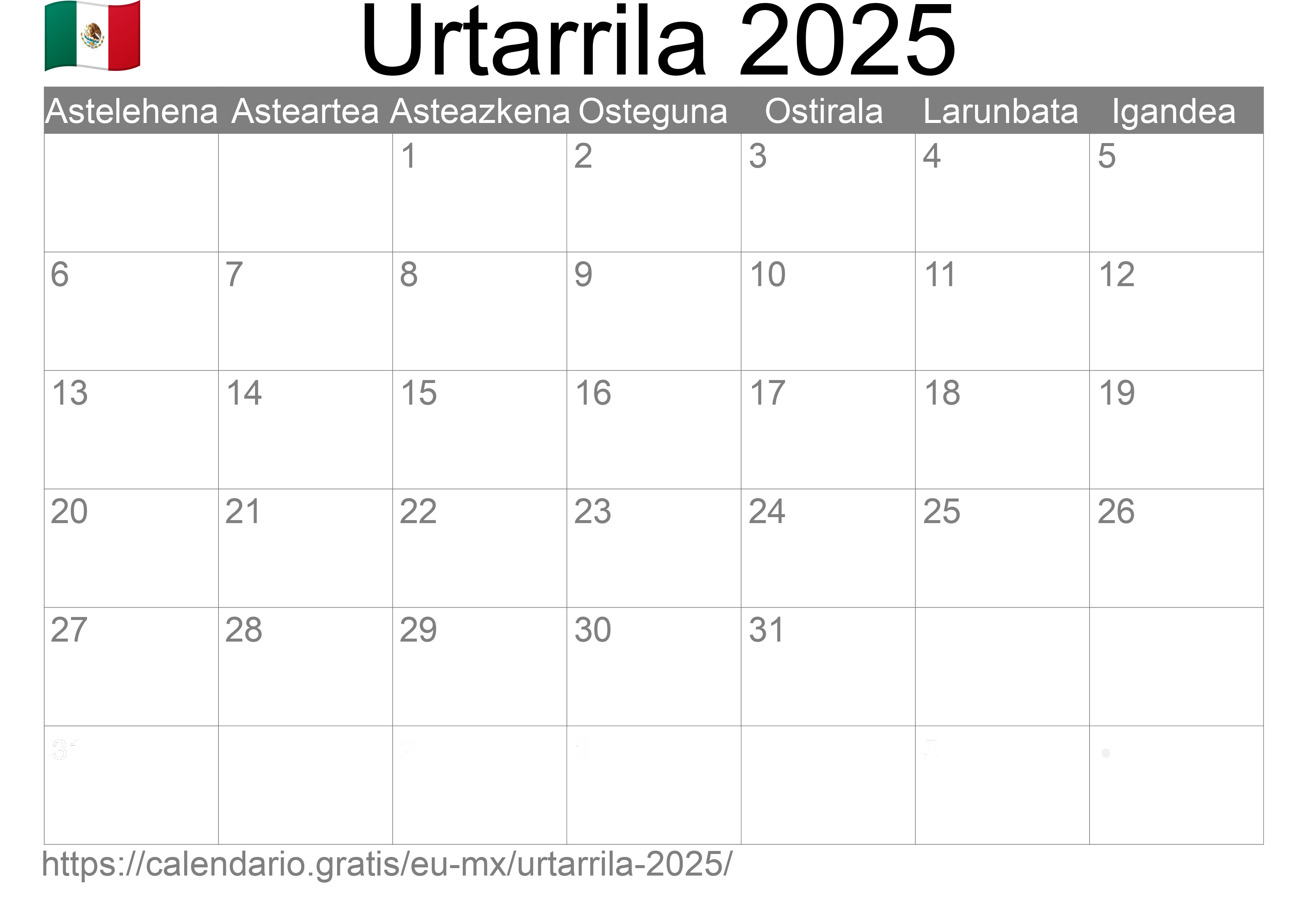 Egutegia Urtarrila 2025 tik Mexiko Euskara ☑️ Calendario.Gratis