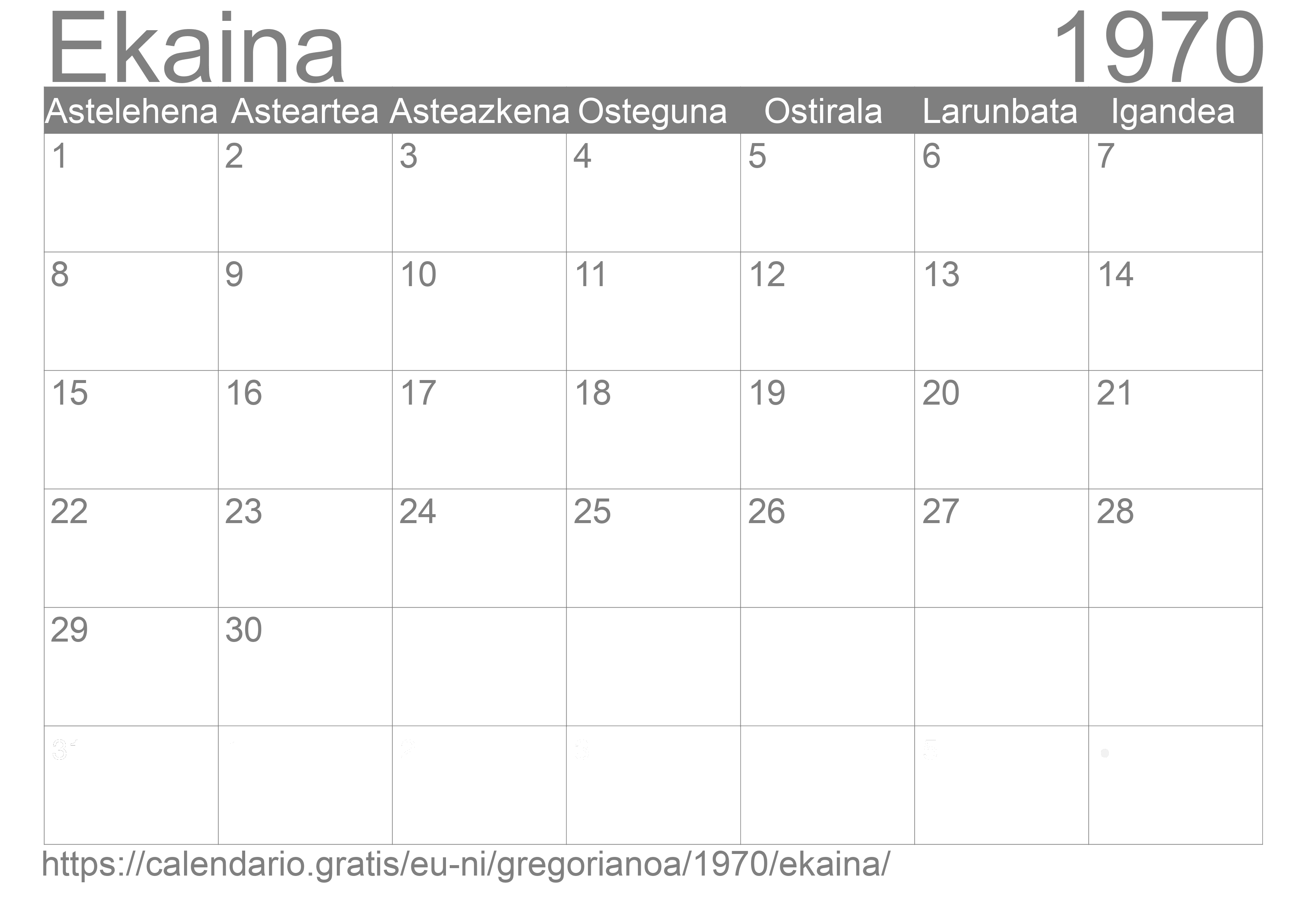 1970ko Ekaina egutegia inprimatzeko