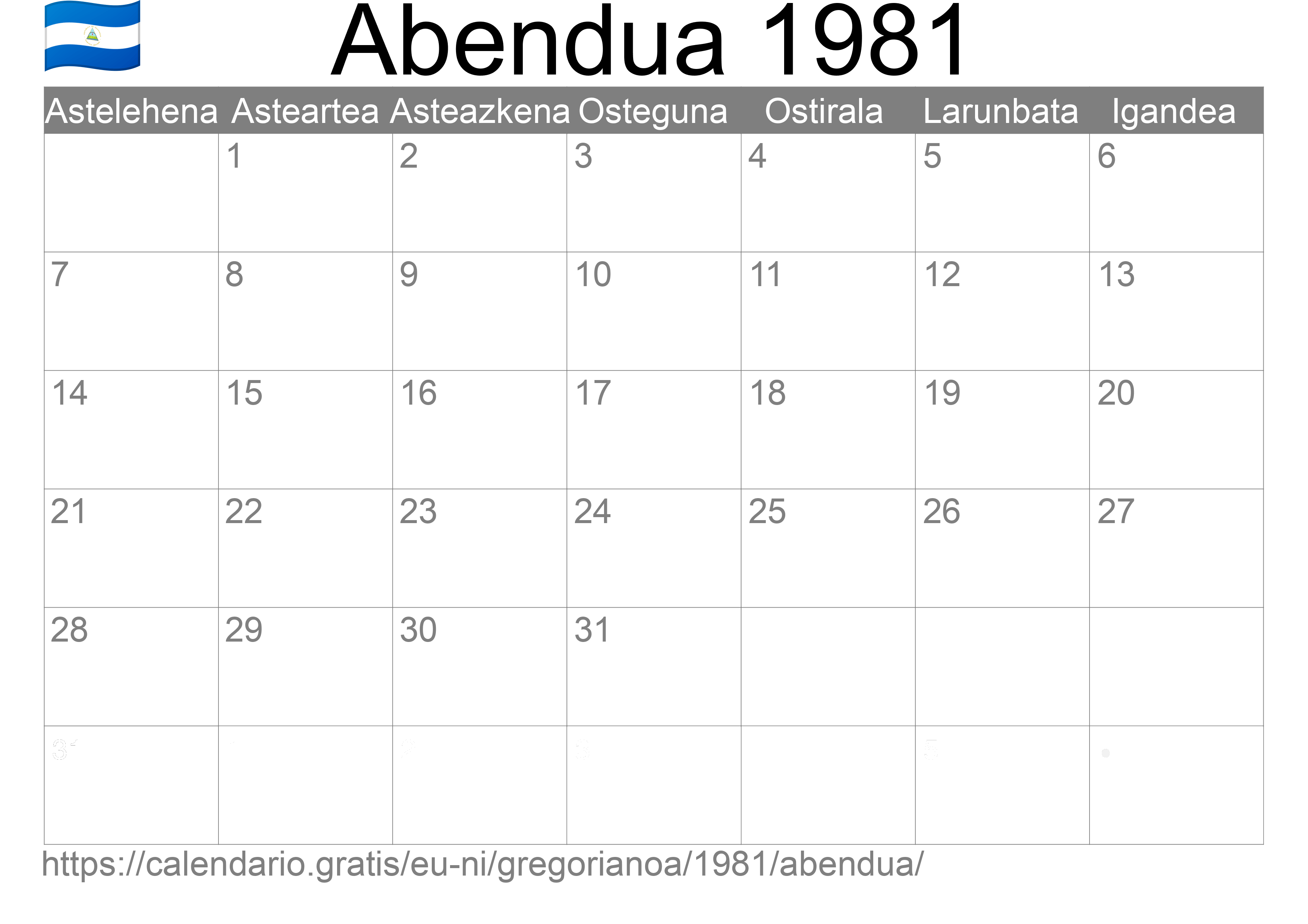 1981ko Abendua egutegia inprimatzeko