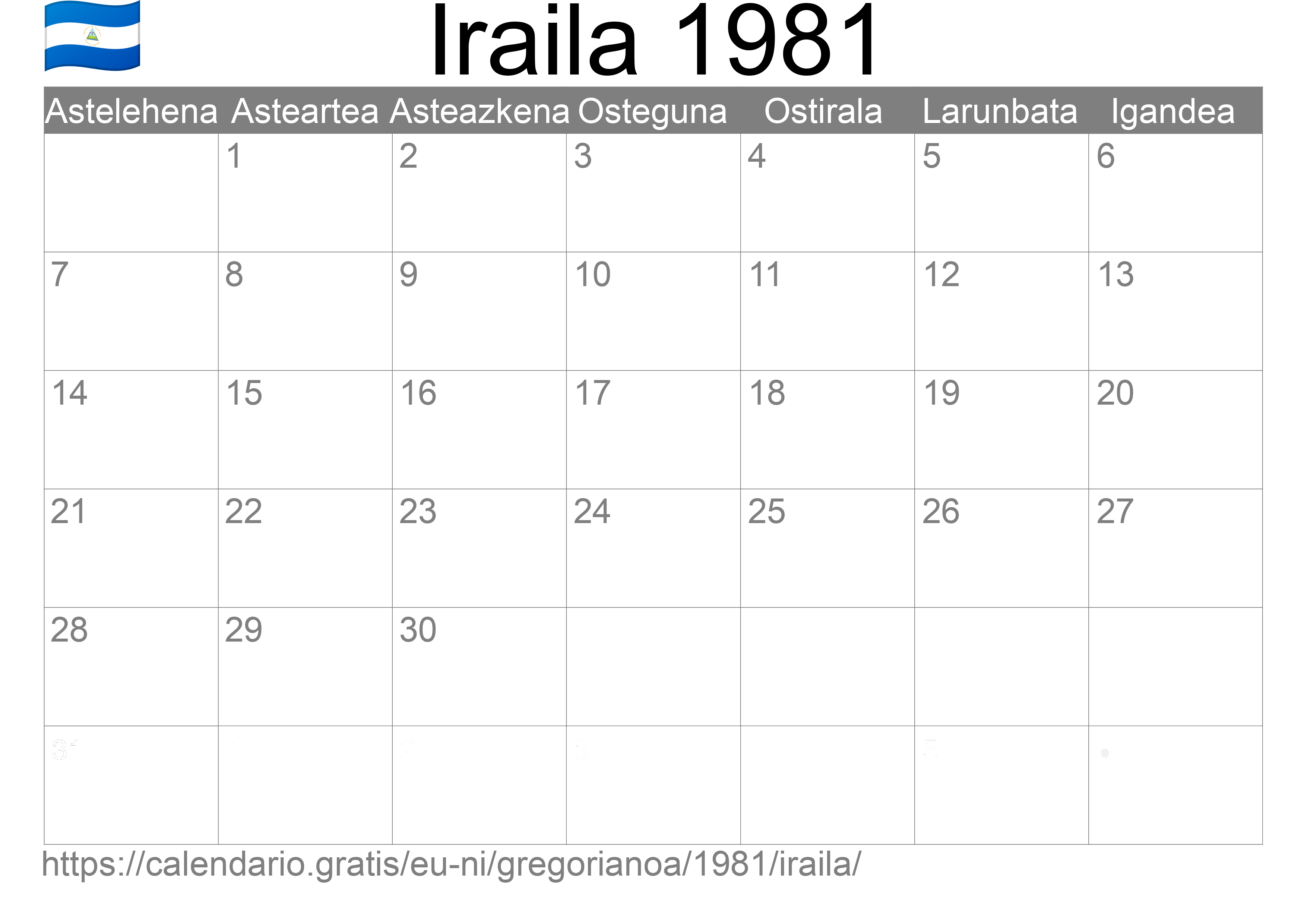 1981ko Iraila egutegia inprimatzeko