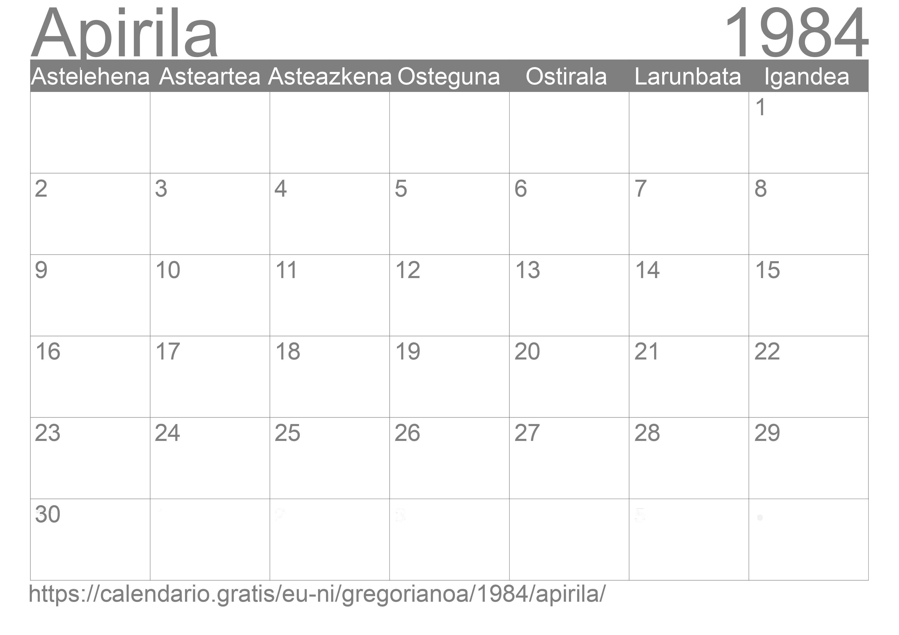 1984ko Apirila egutegia inprimatzeko