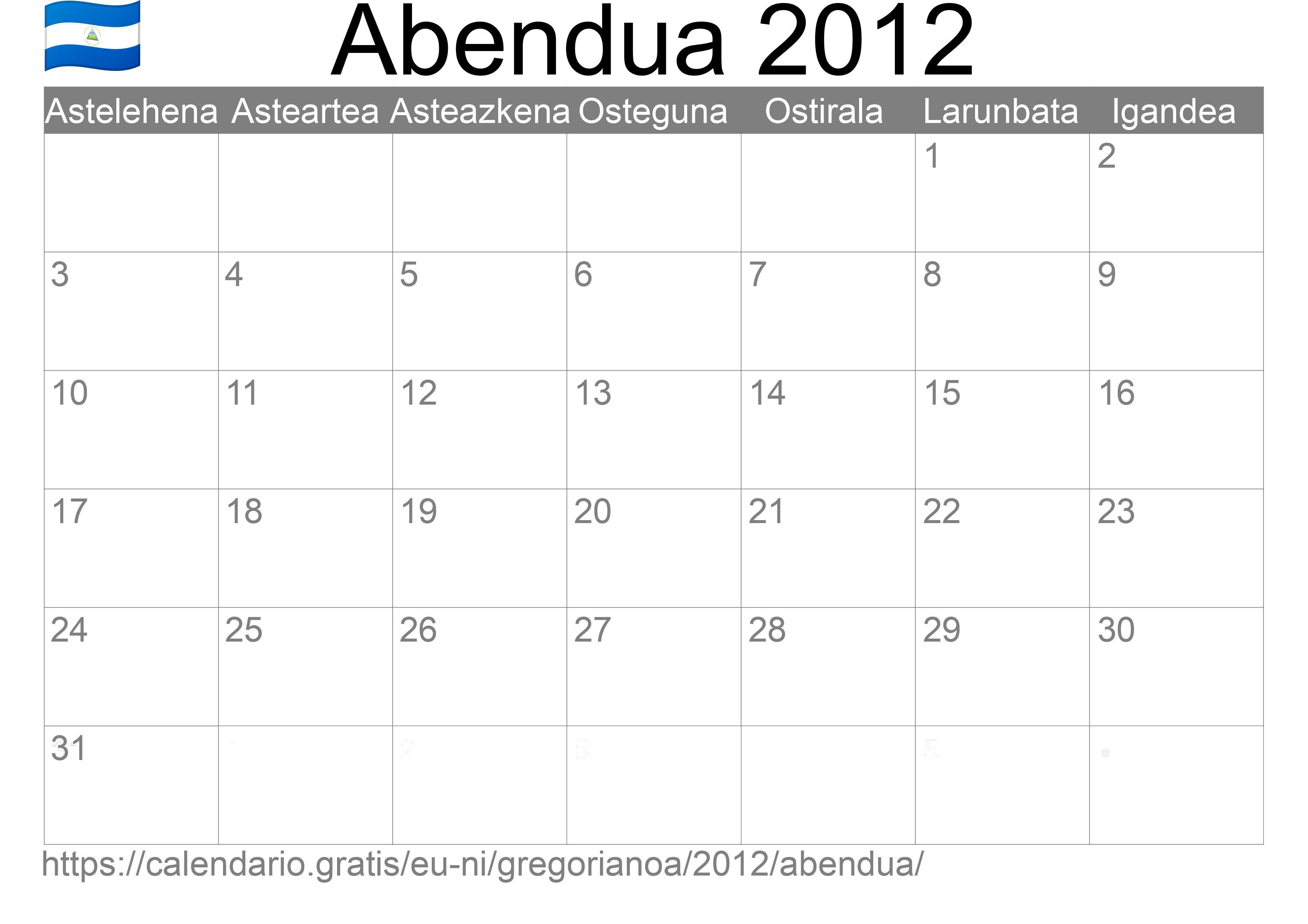 2012ko Abendua egutegia inprimatzeko