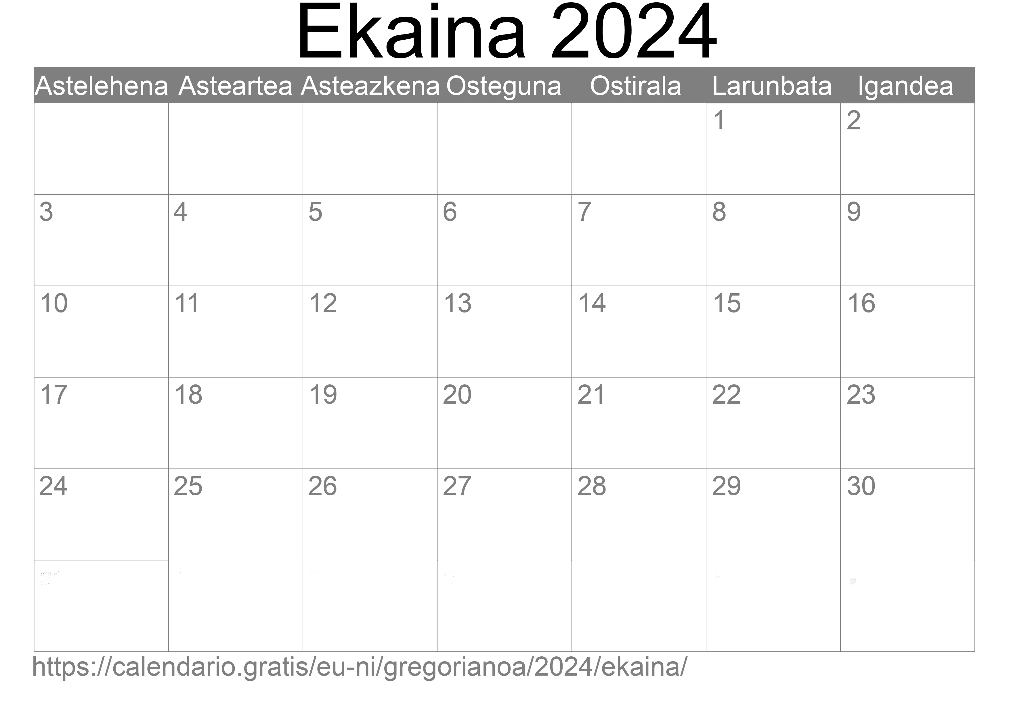 2024ko Ekaina egutegia inprimatzeko (Nikaragua) 2024ko Ekaina egutegia inprimatzeko (Nikaragua)