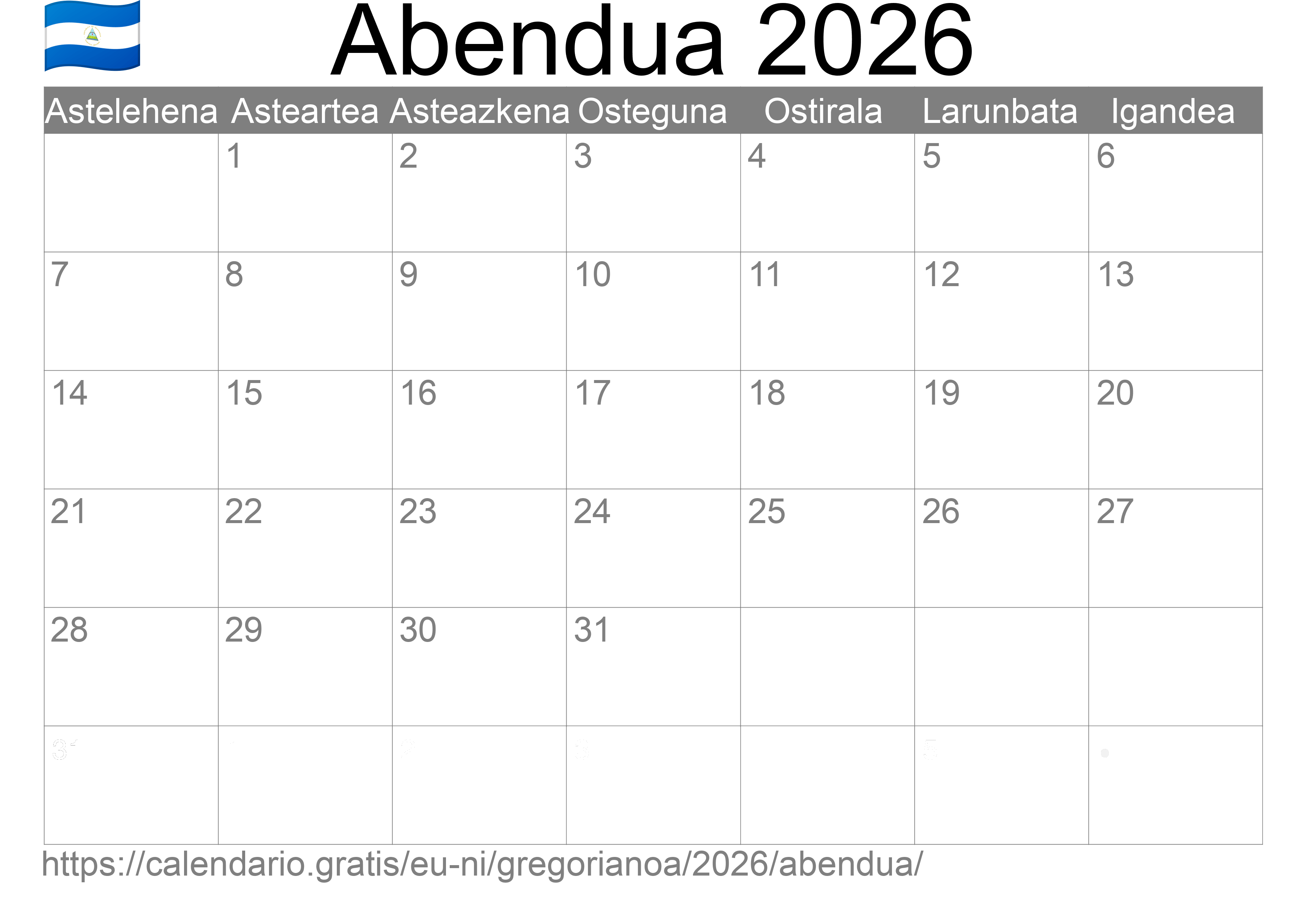 2026ko Abendua egutegia inprimatzeko