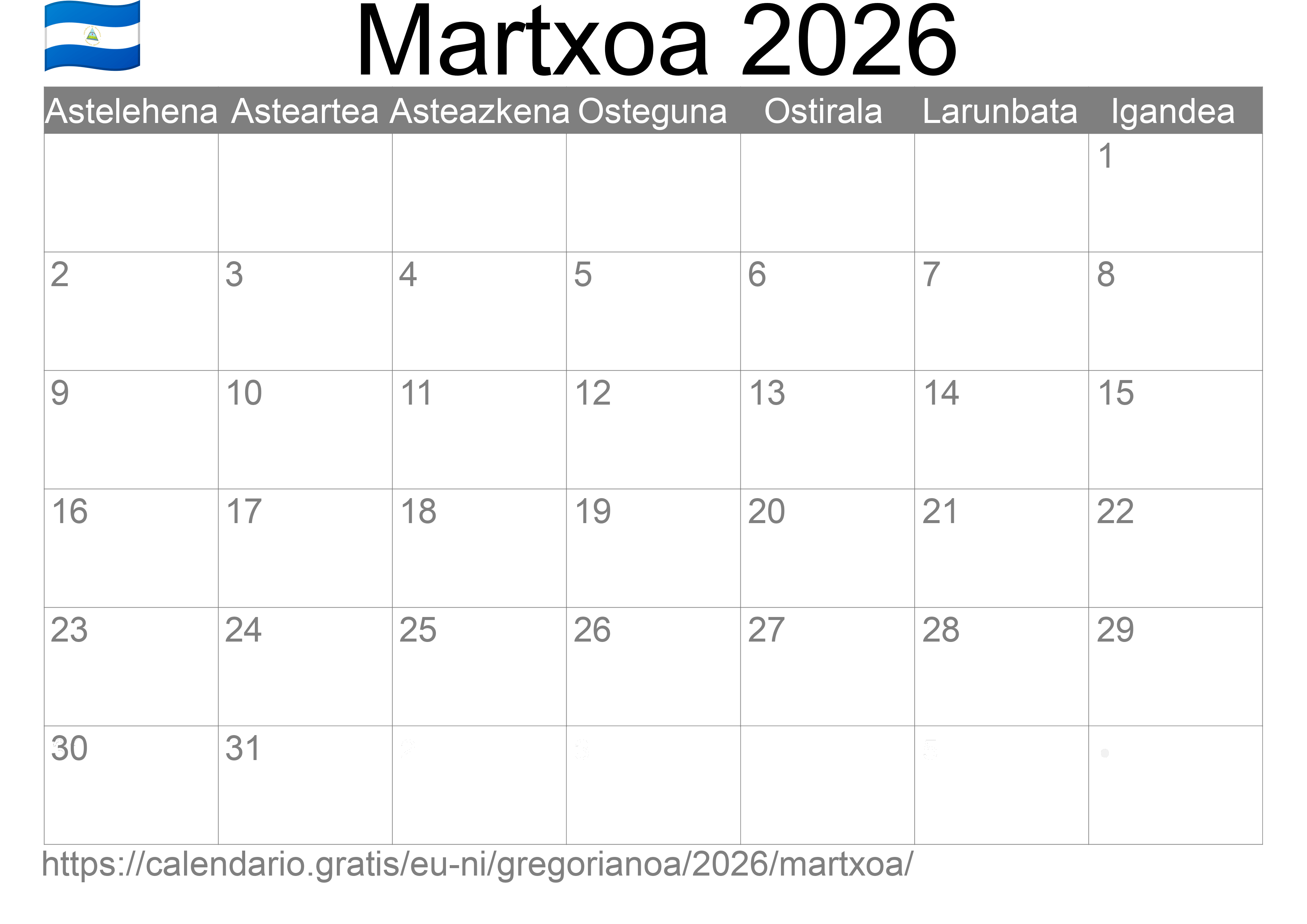 2026ko Martxoa egutegia inprimatzeko