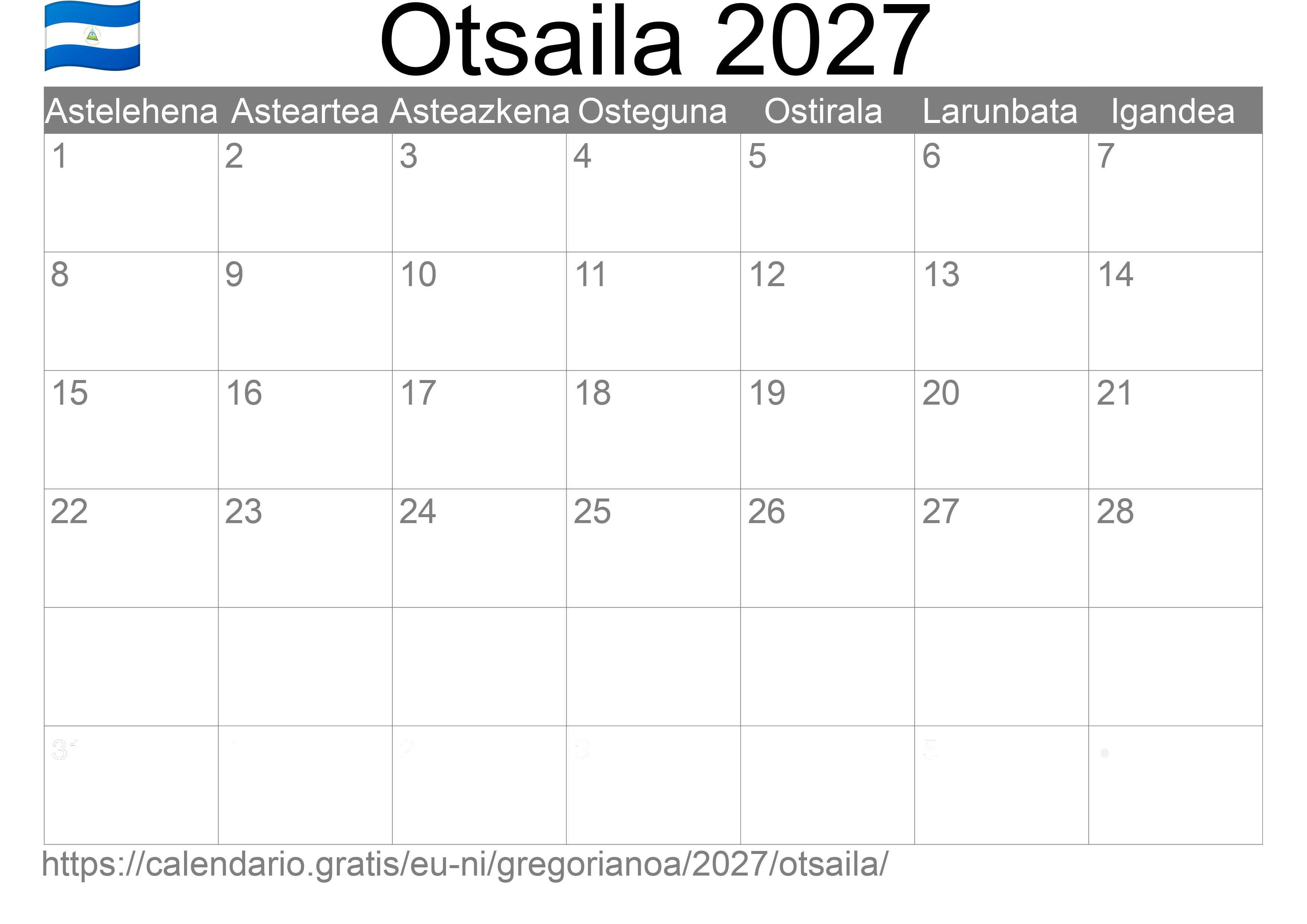 2027ko Otsaila egutegia inprimatzeko