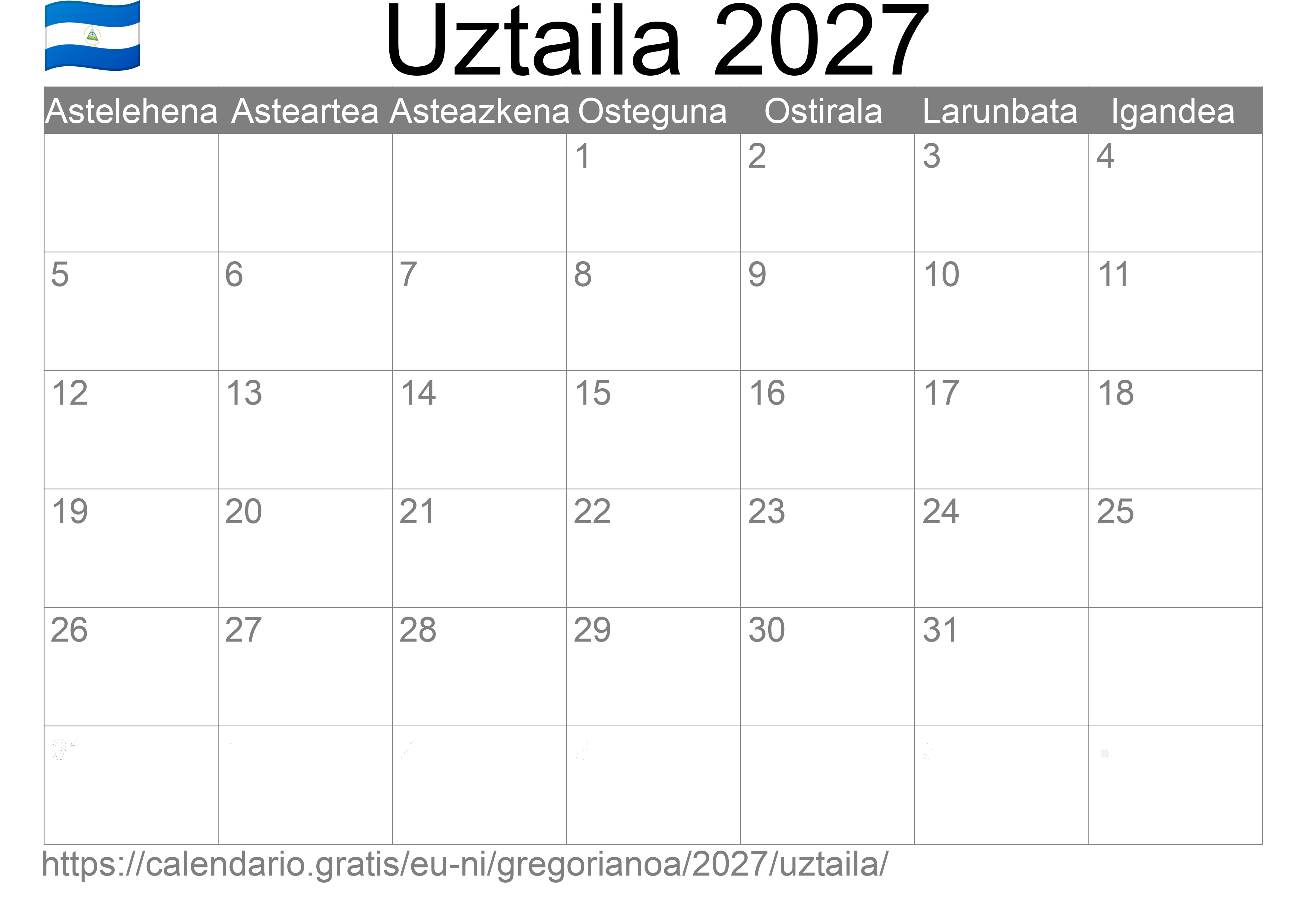 2027ko Uztaila egutegia inprimatzeko