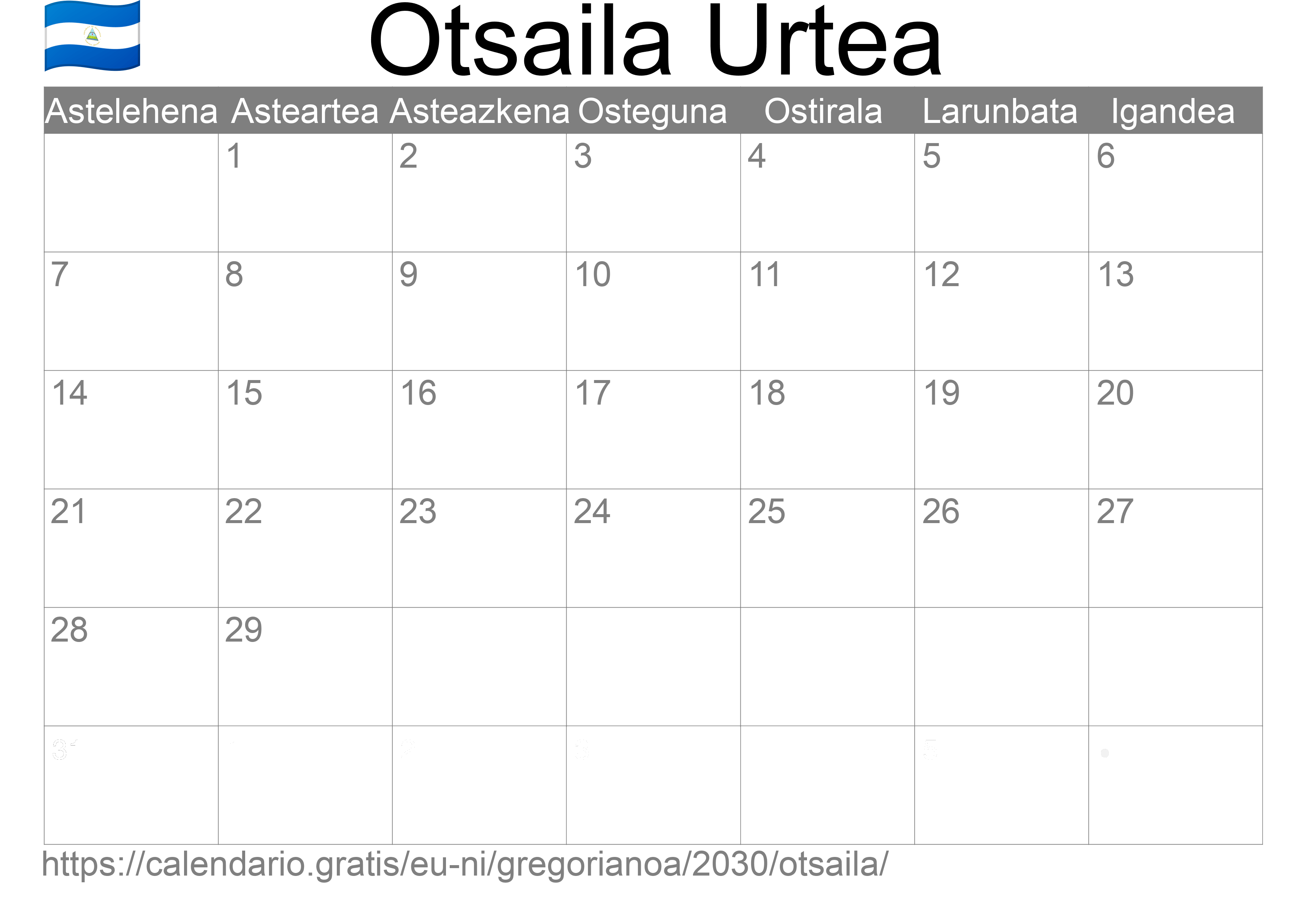 2030ko Otsaila egutegia inprimatzeko