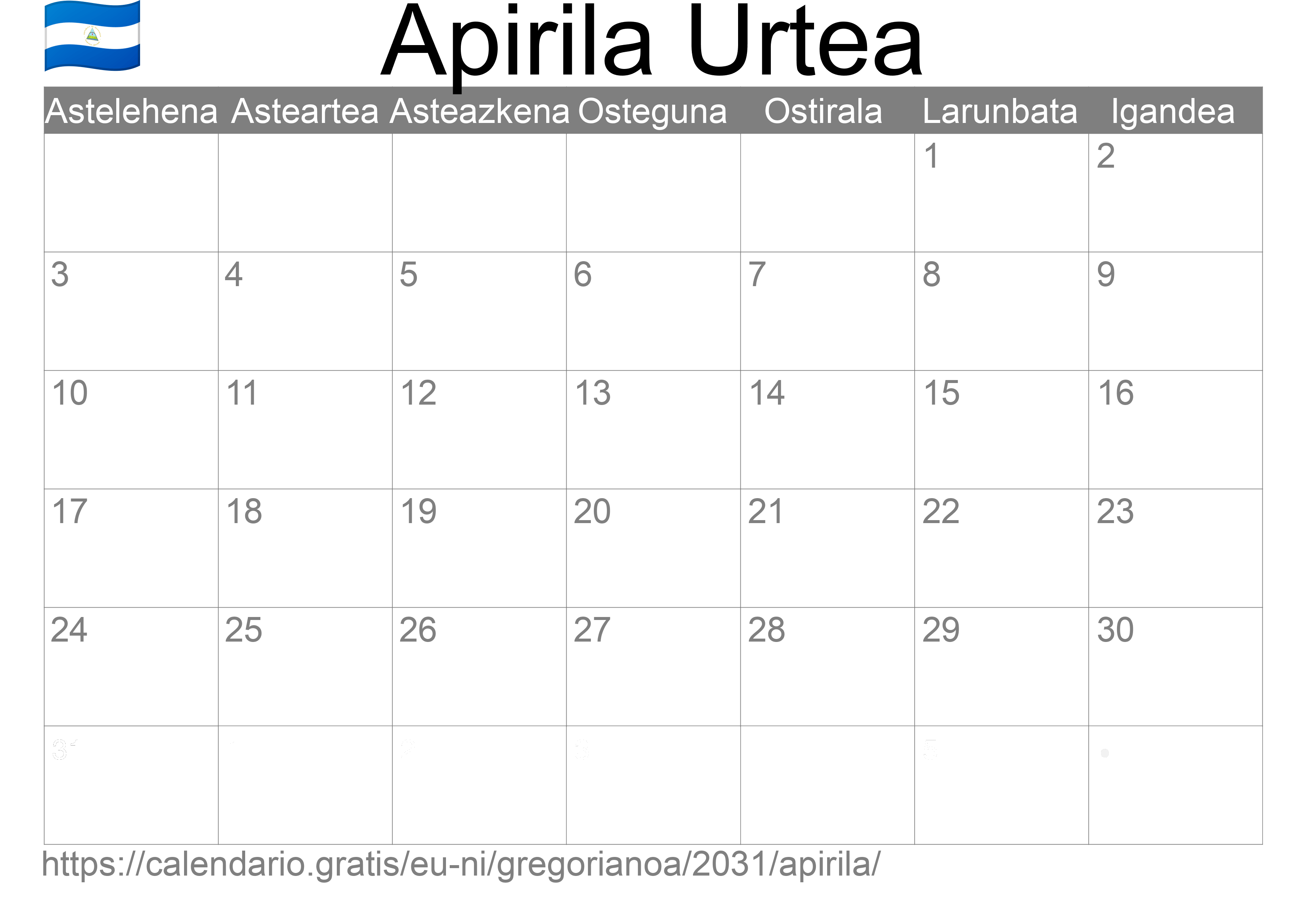 2031ko Apirila egutegia inprimatzeko