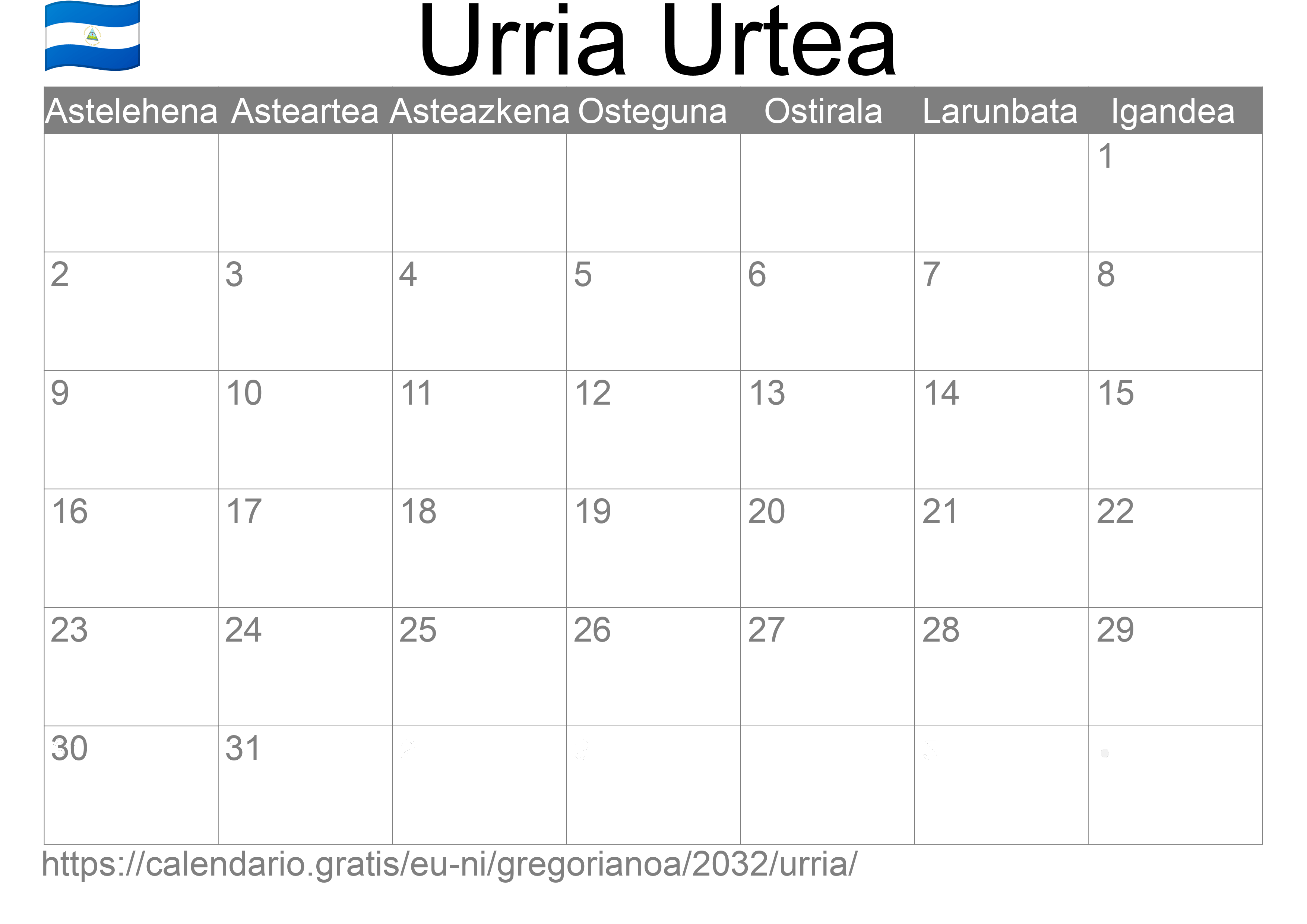 2032ko Urria egutegia inprimatzeko