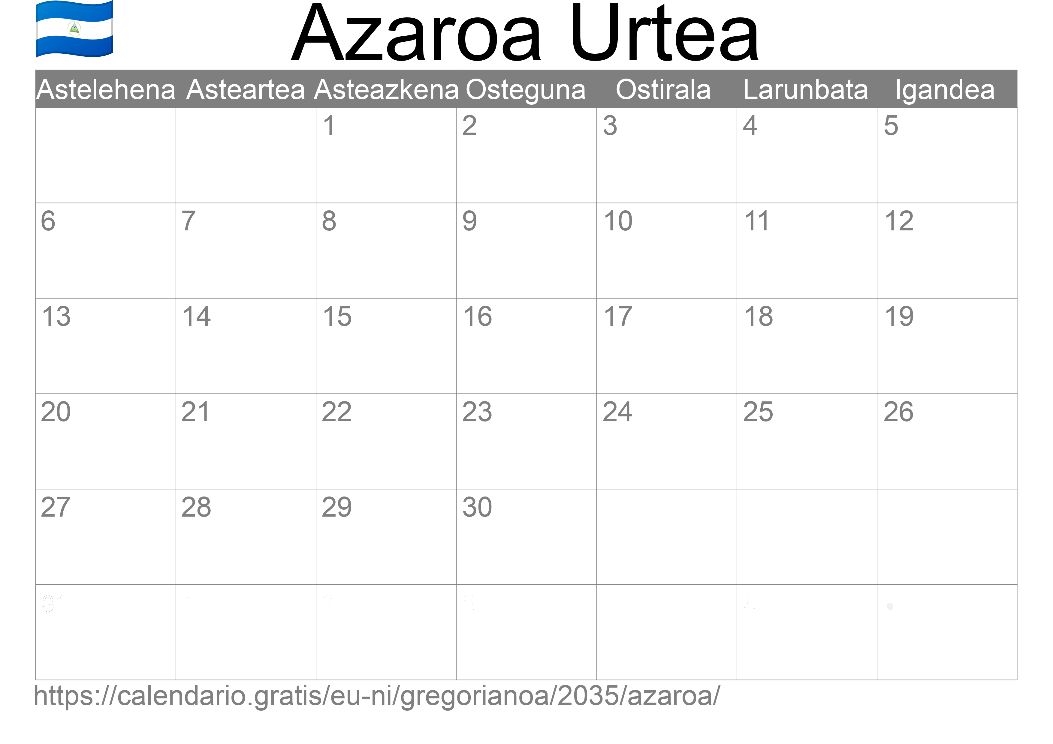 2035ko Azaroa egutegia inprimatzeko