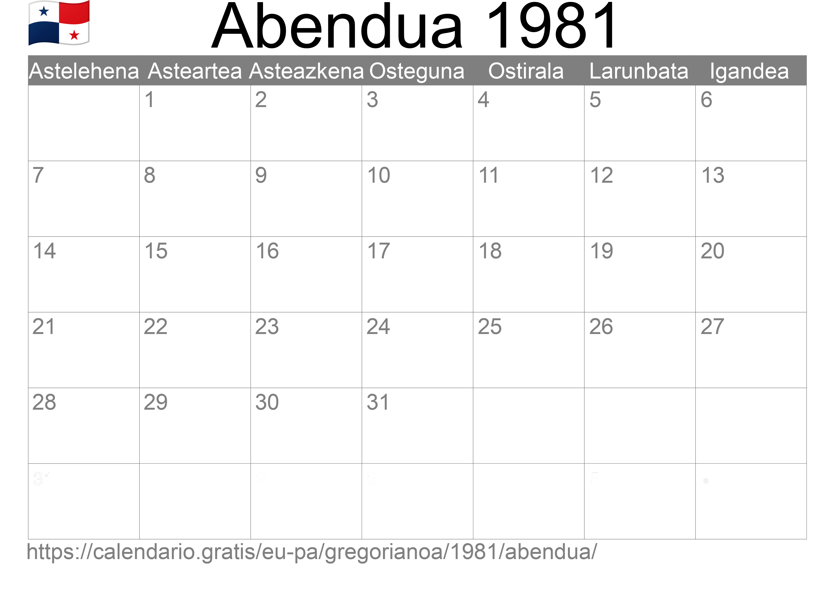 1981ko Abendua egutegia inprimatzeko