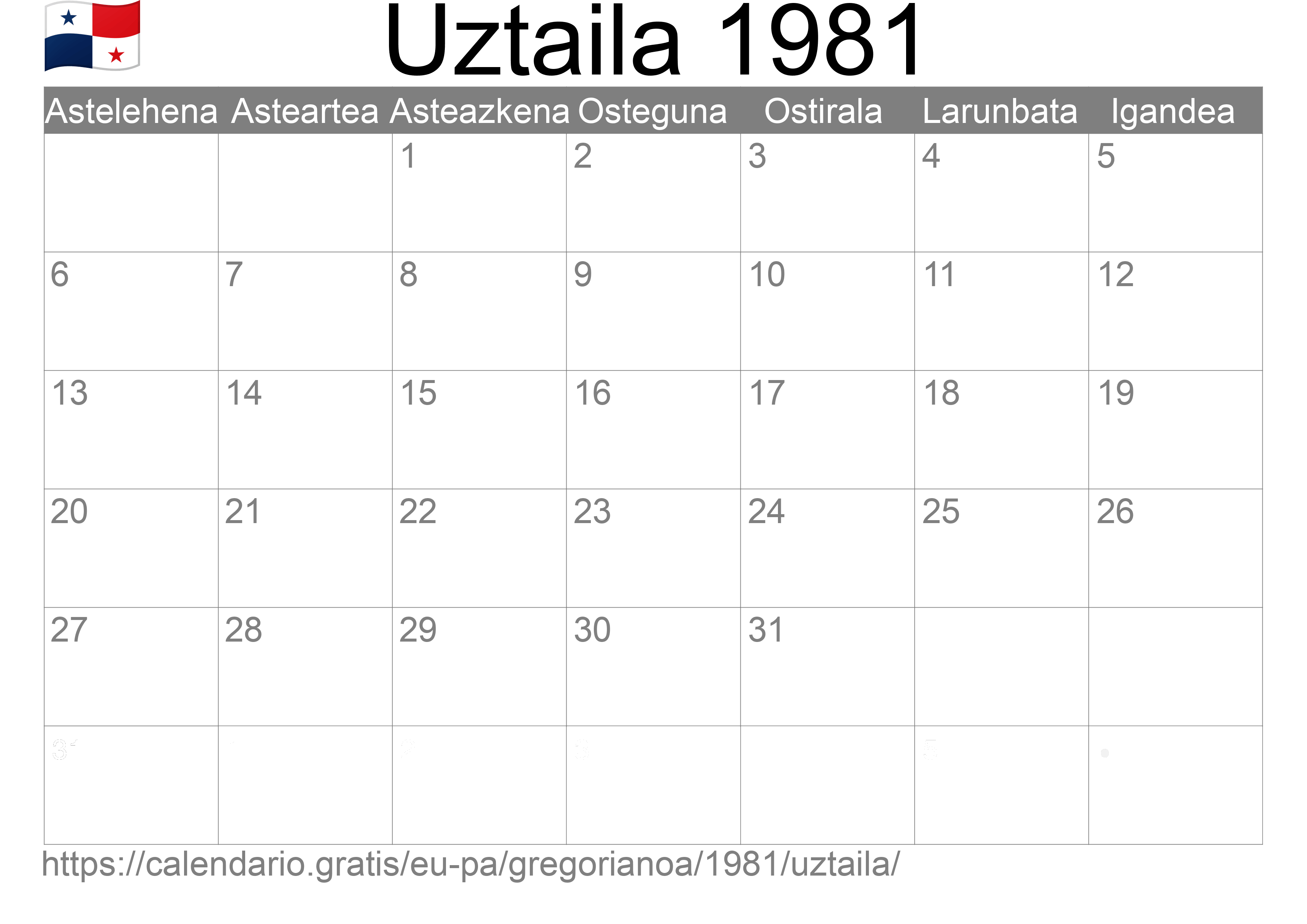 1981ko Uztaila egutegia inprimatzeko