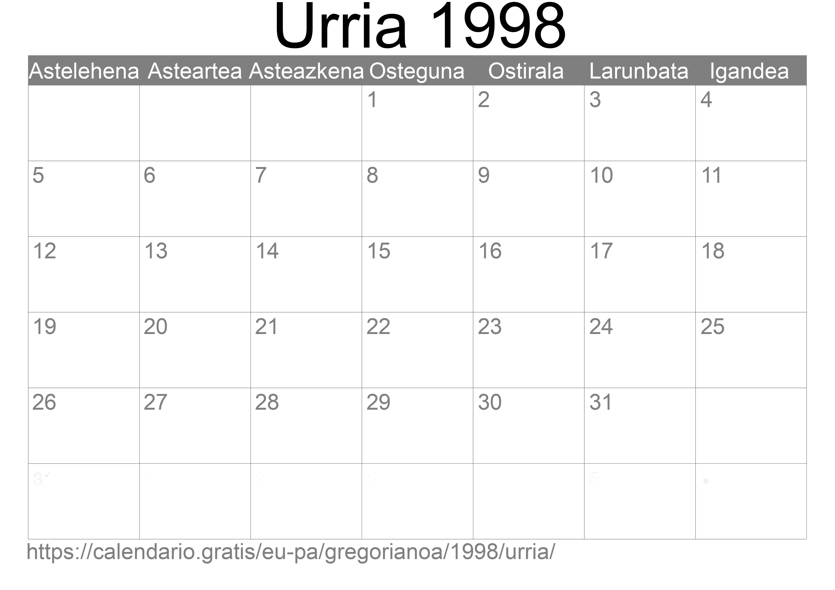 1998ko Urria egutegia inprimatzeko (Panama)