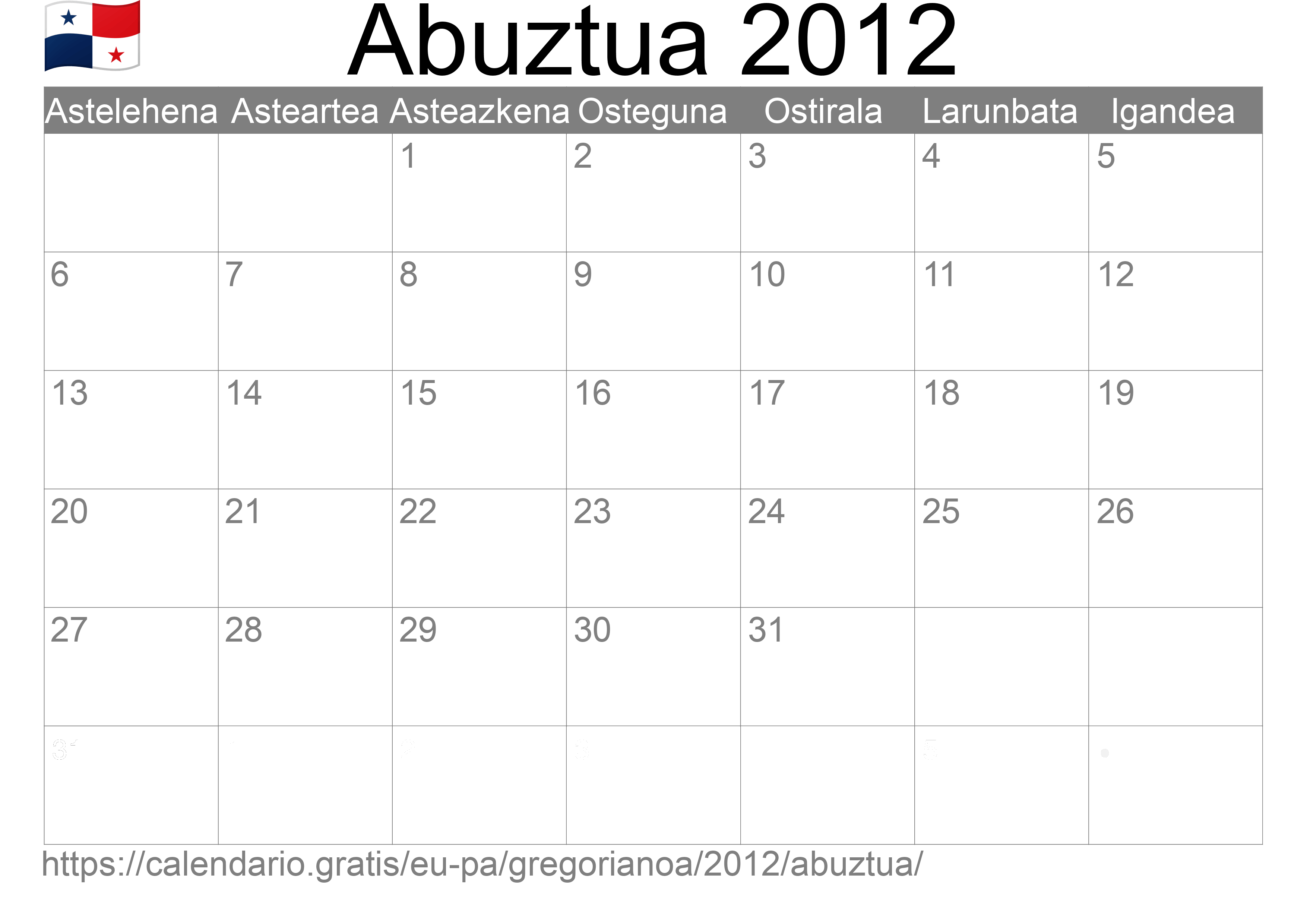 2012ko Abuztua egutegia inprimatzeko