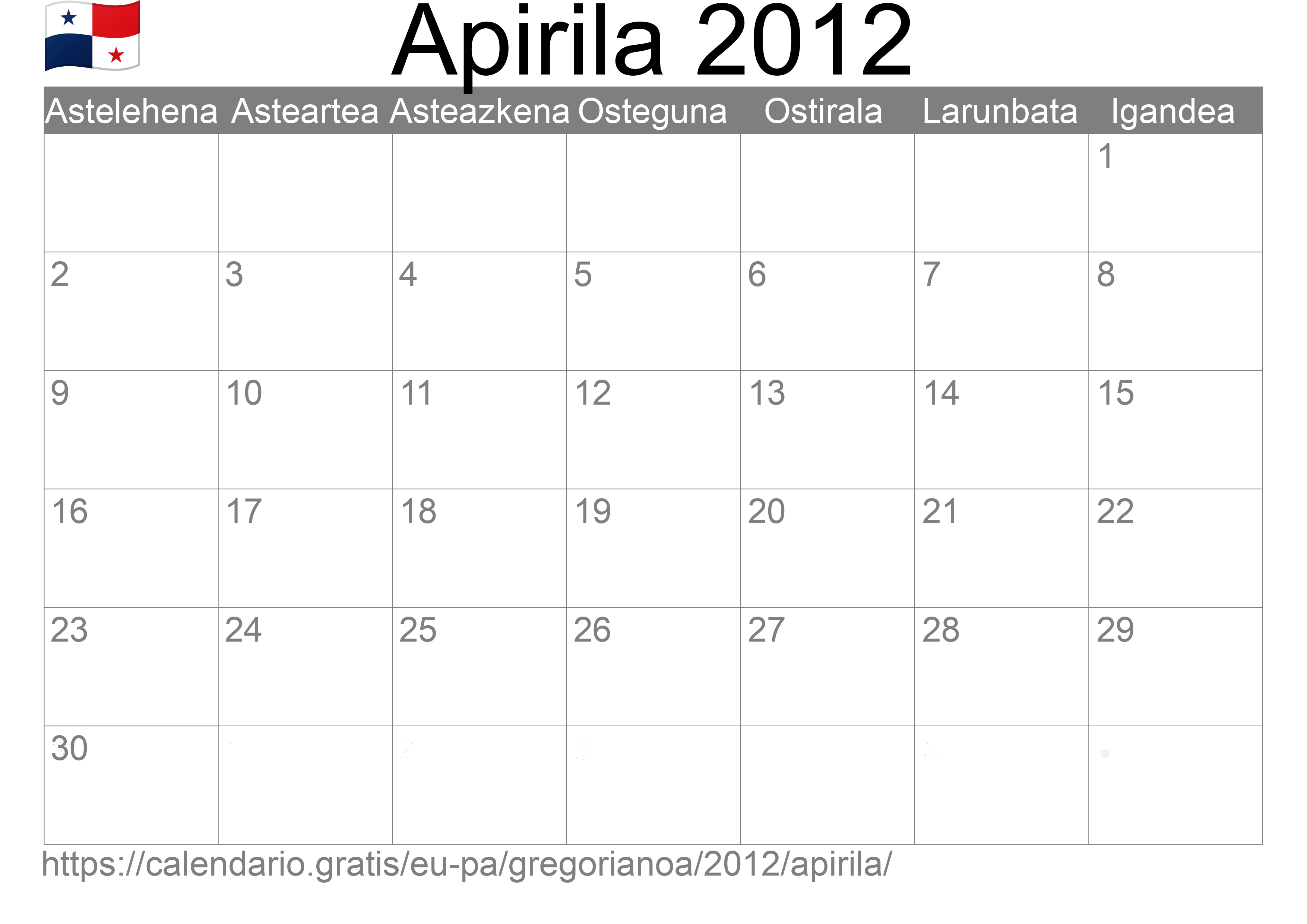 2012ko Apirila egutegia inprimatzeko