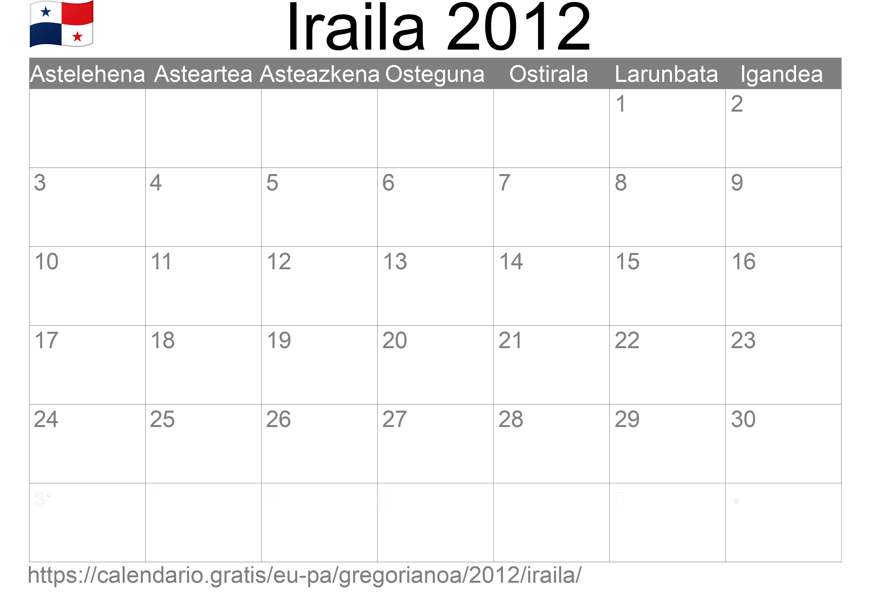 2012ko Iraila egutegia inprimatzeko