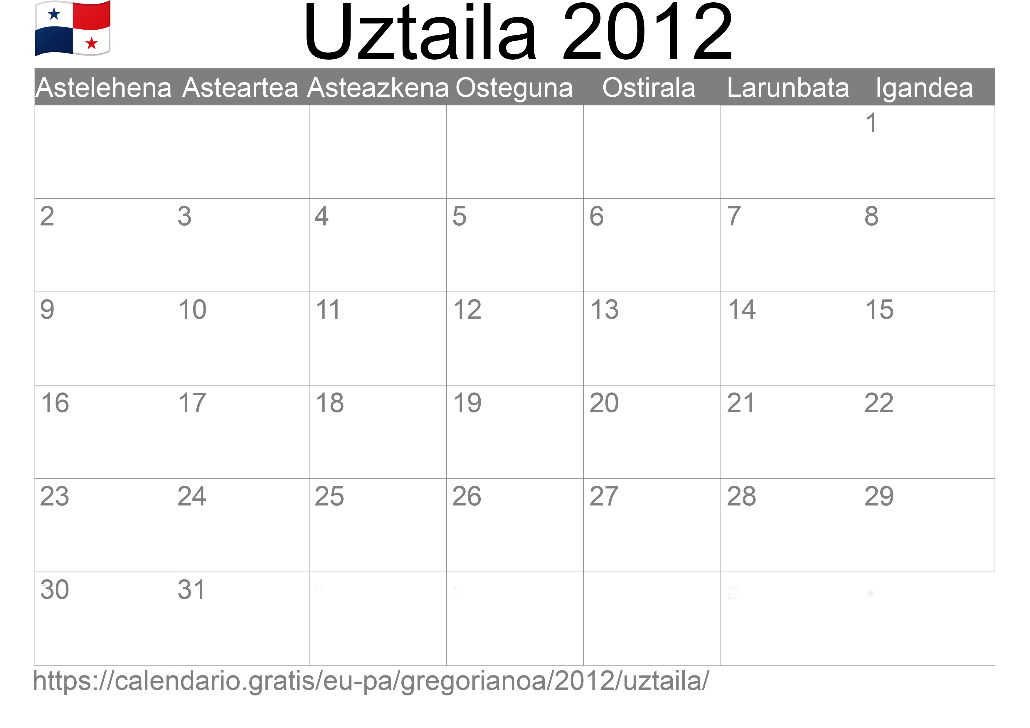 2012ko Uztaila egutegia inprimatzeko