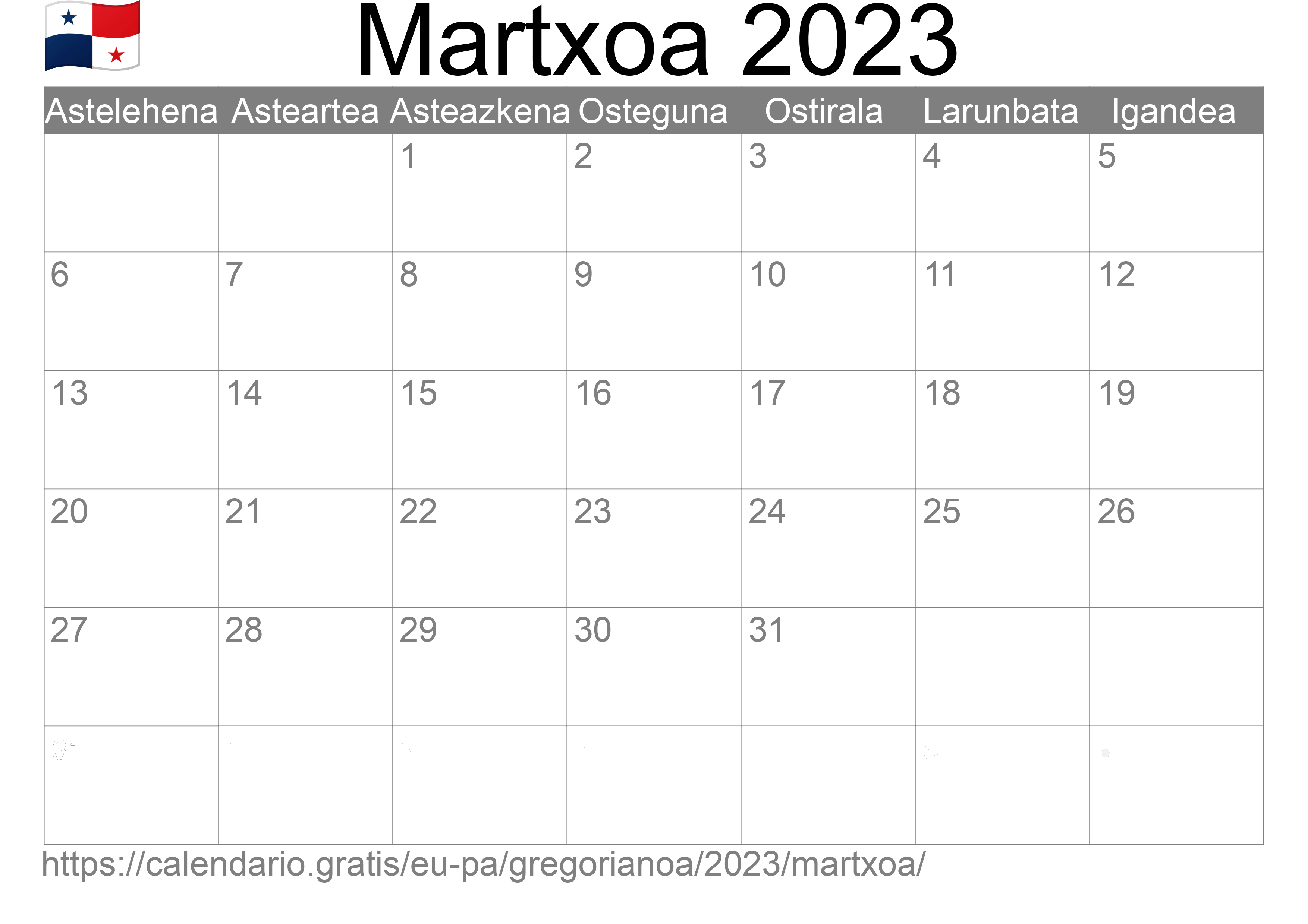 2023ko Martxoa egutegia inprimatzeko