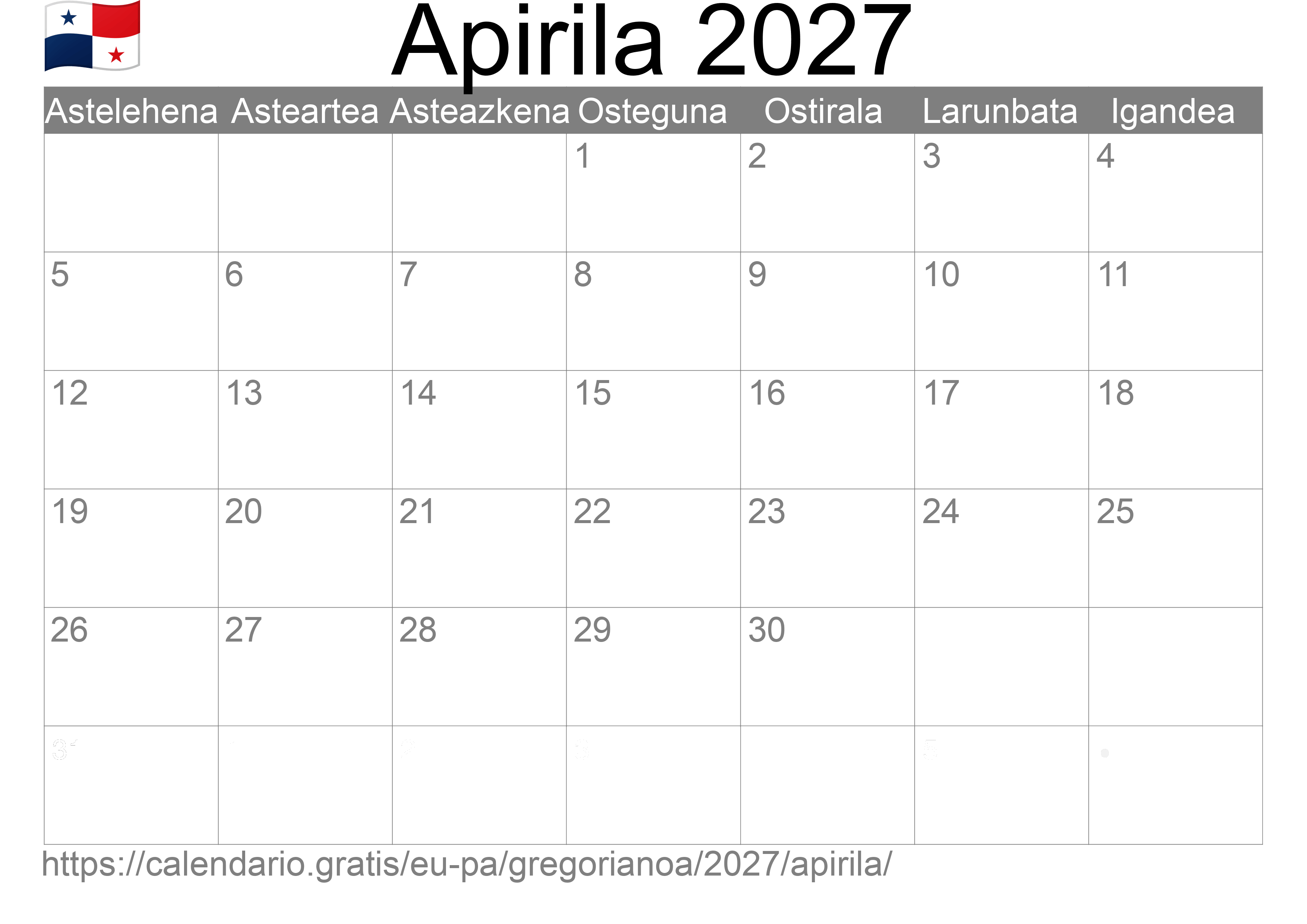 2027ko Apirila egutegia inprimatzeko