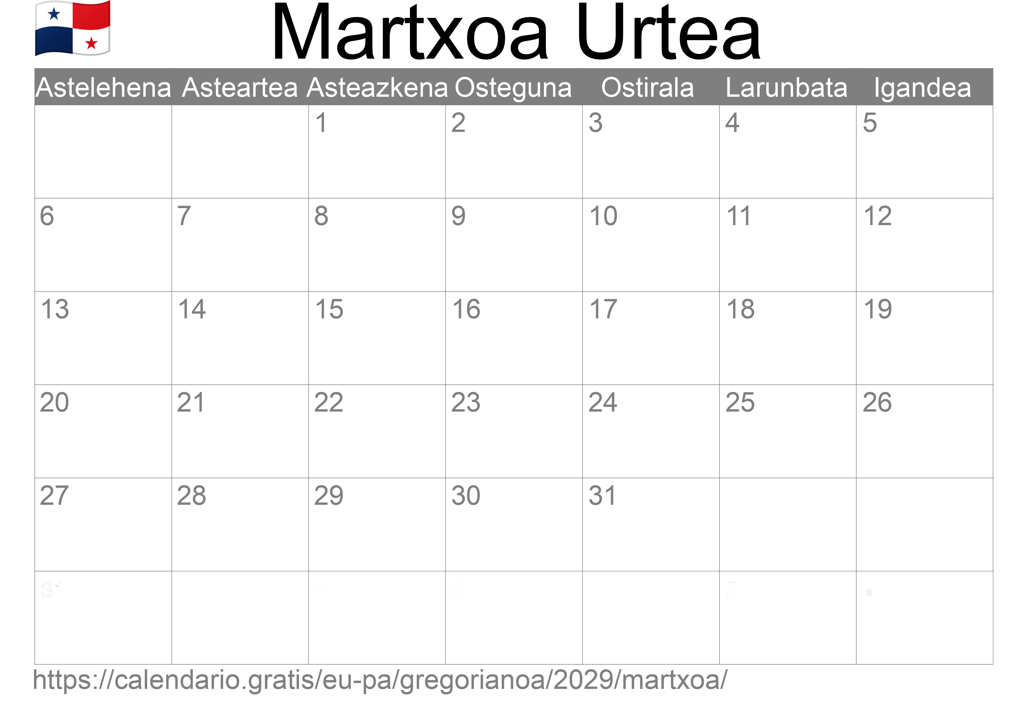 2029ko Martxoa egutegia inprimatzeko