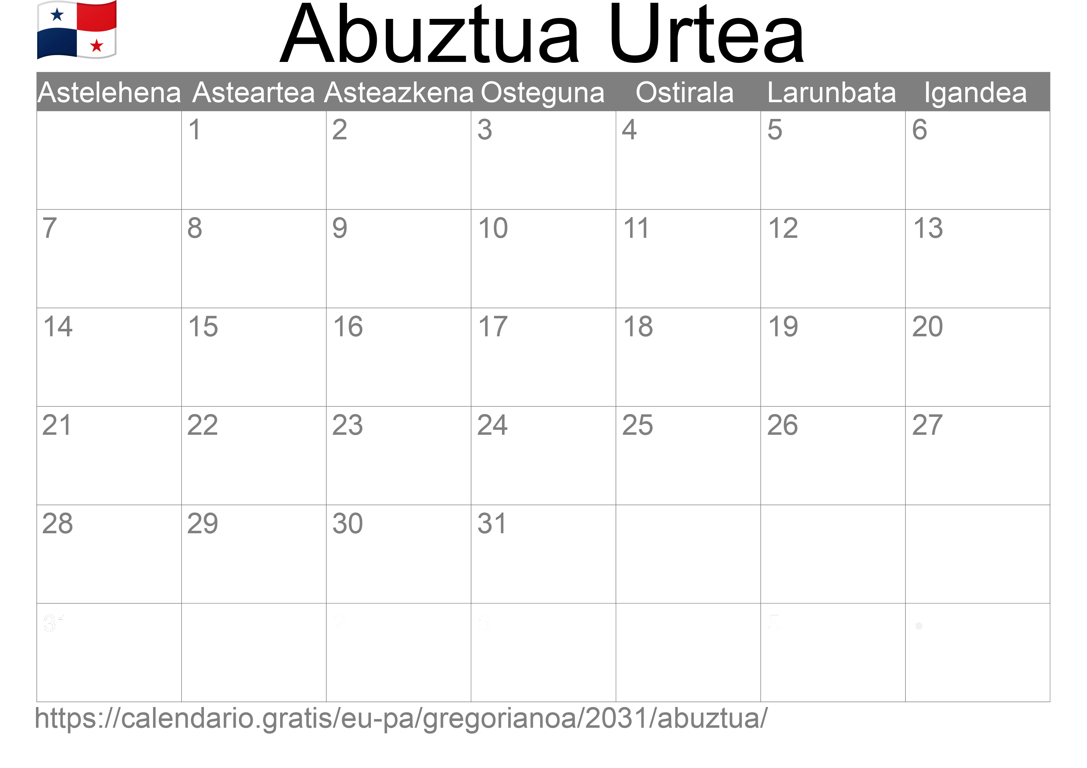 2031ko Abuztua egutegia inprimatzeko