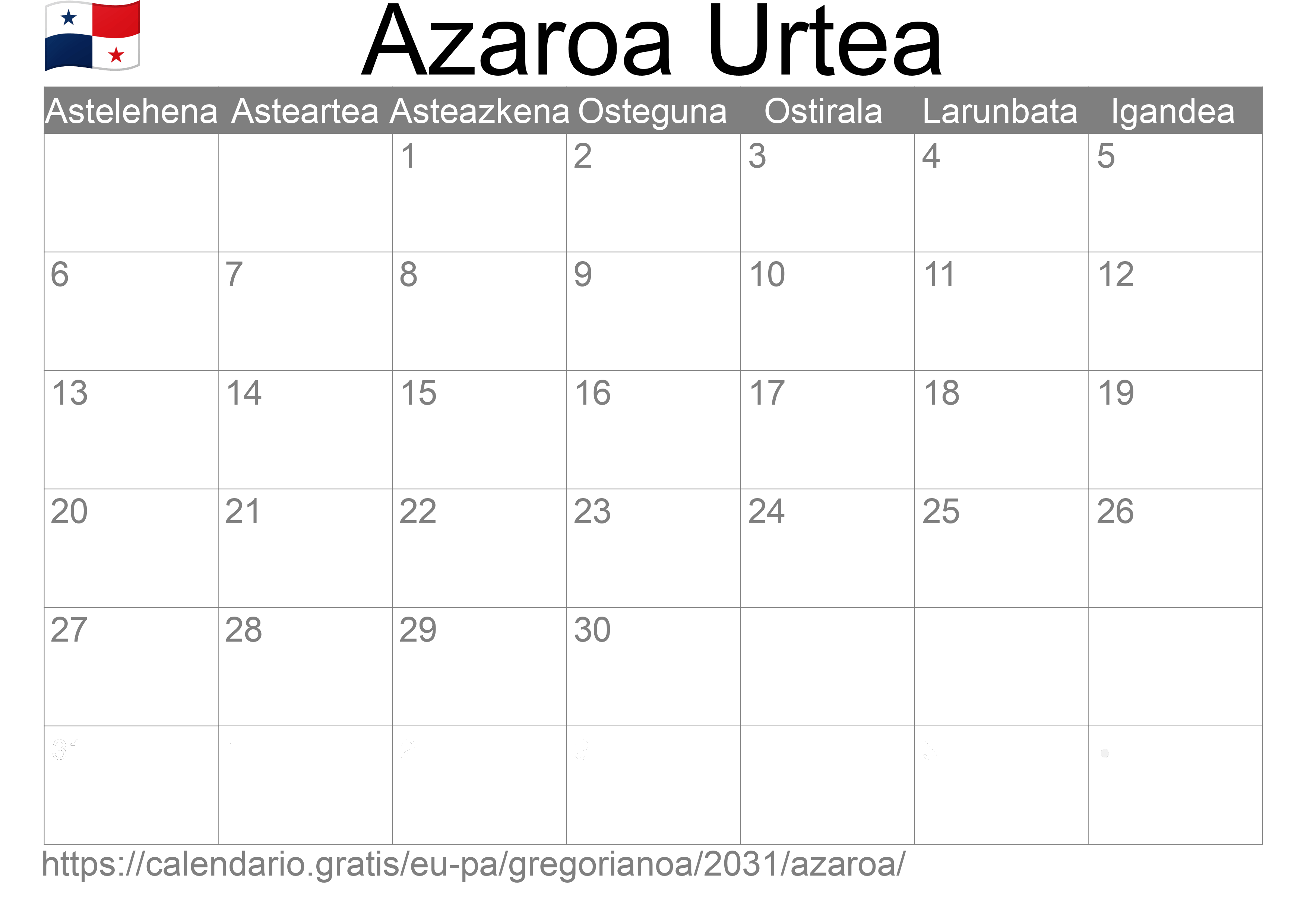 2031ko Azaroa egutegia inprimatzeko