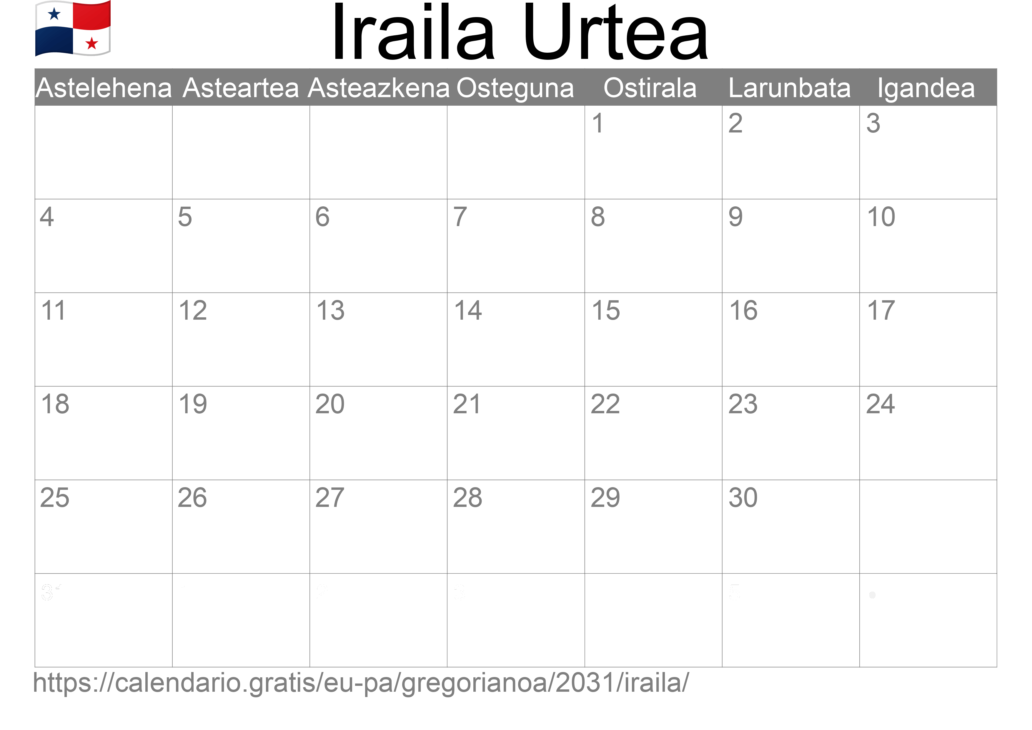 2031ko Iraila egutegia inprimatzeko