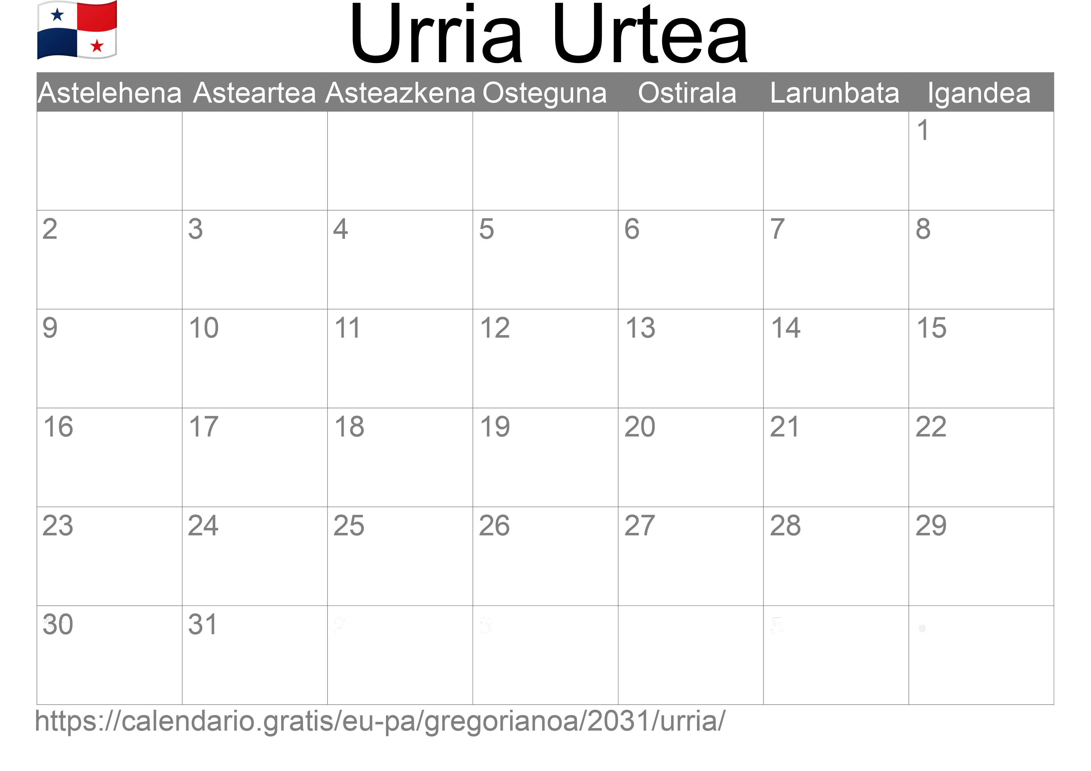 2031ko Urria egutegia inprimatzeko