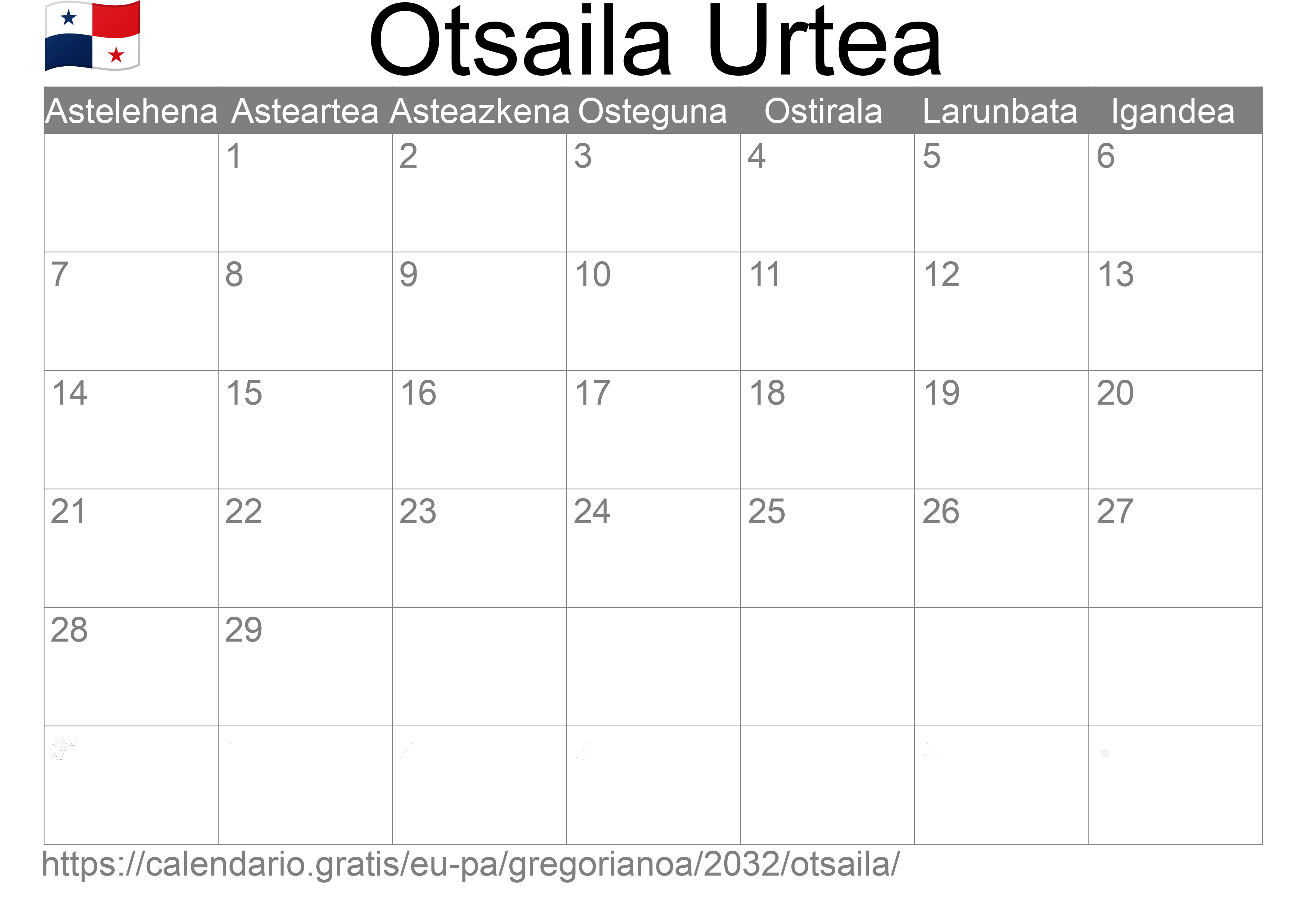 2032ko Otsaila egutegia inprimatzeko