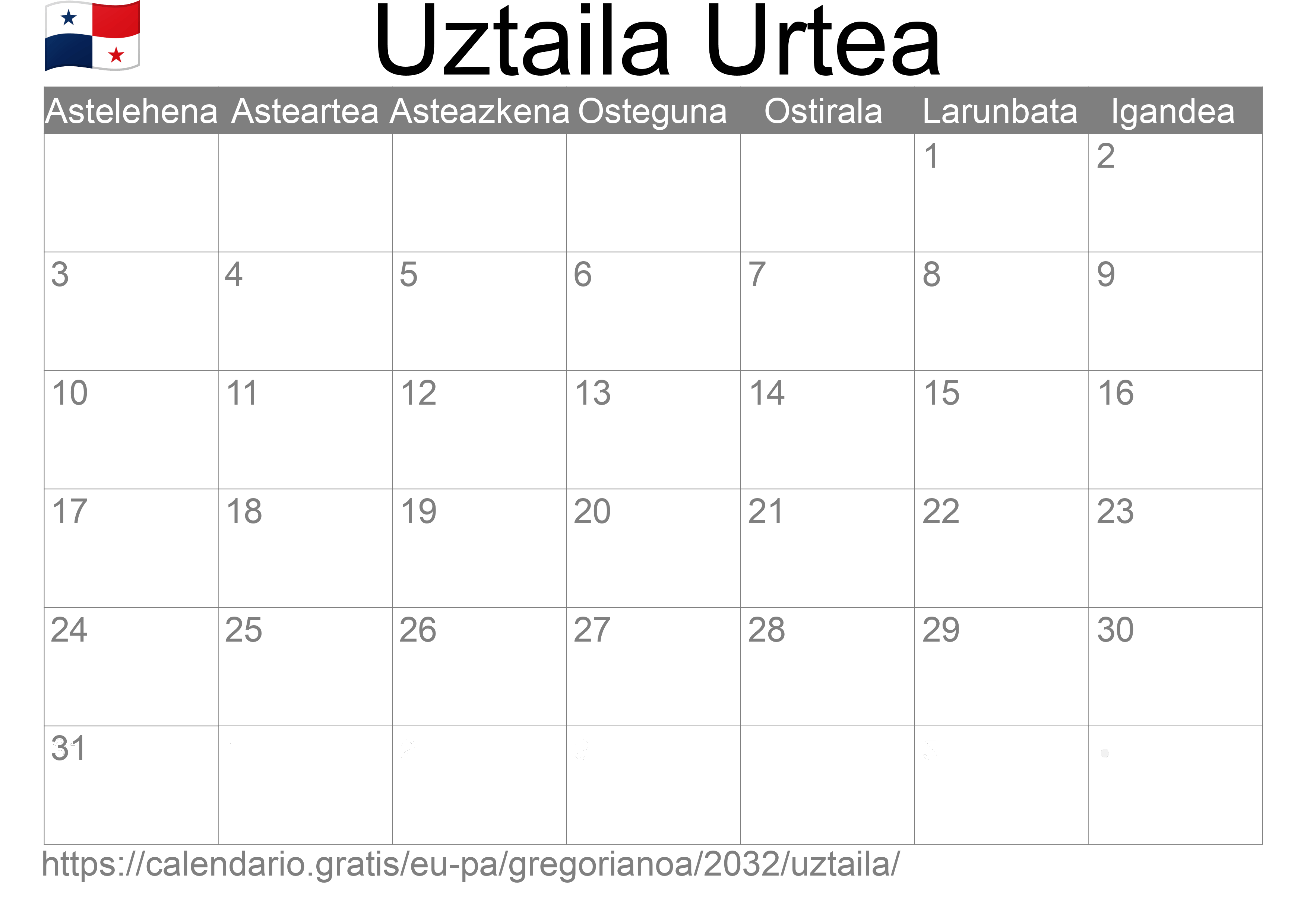 2032ko Uztaila egutegia inprimatzeko