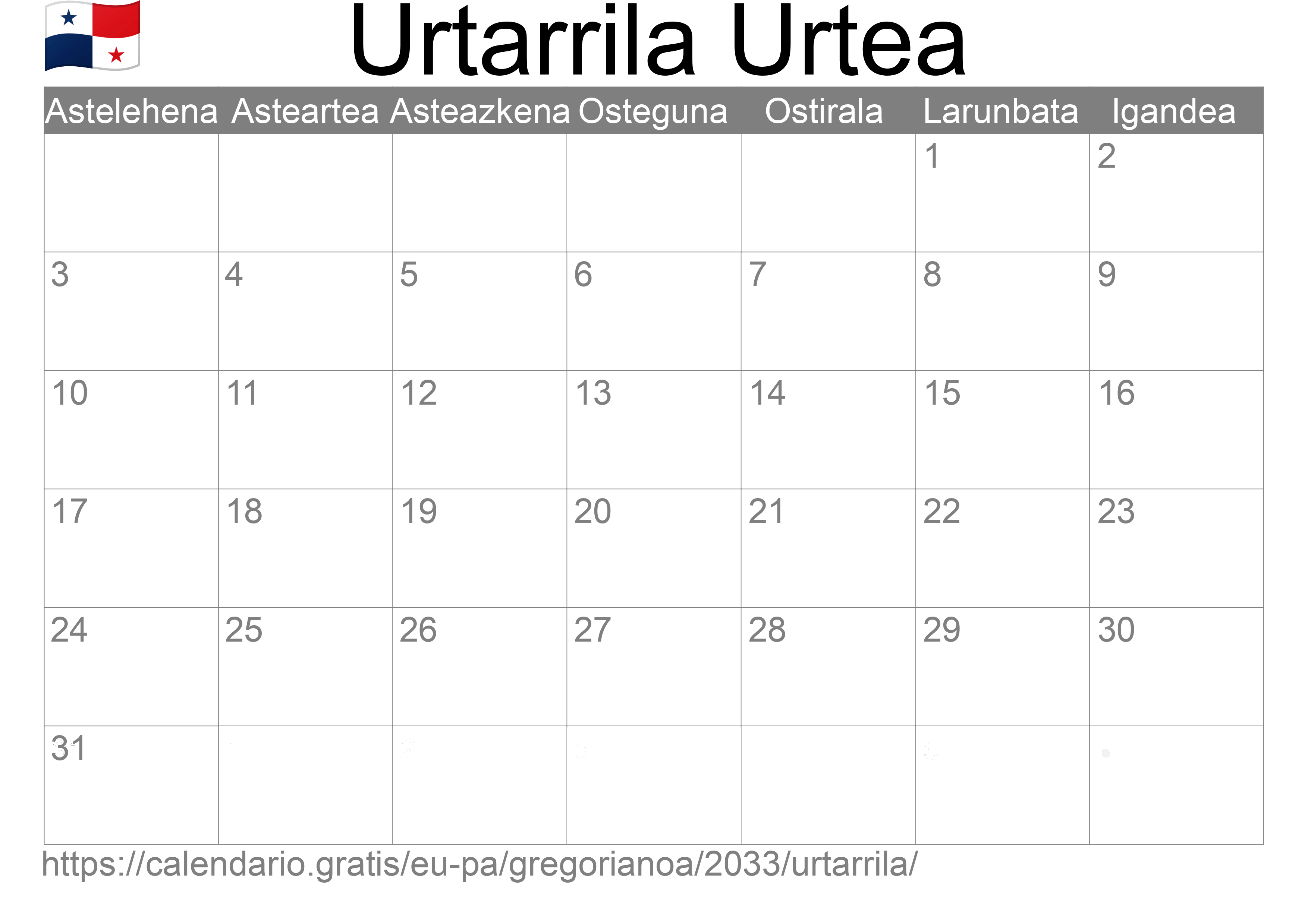 2033ko Urtarrila egutegia inprimatzeko