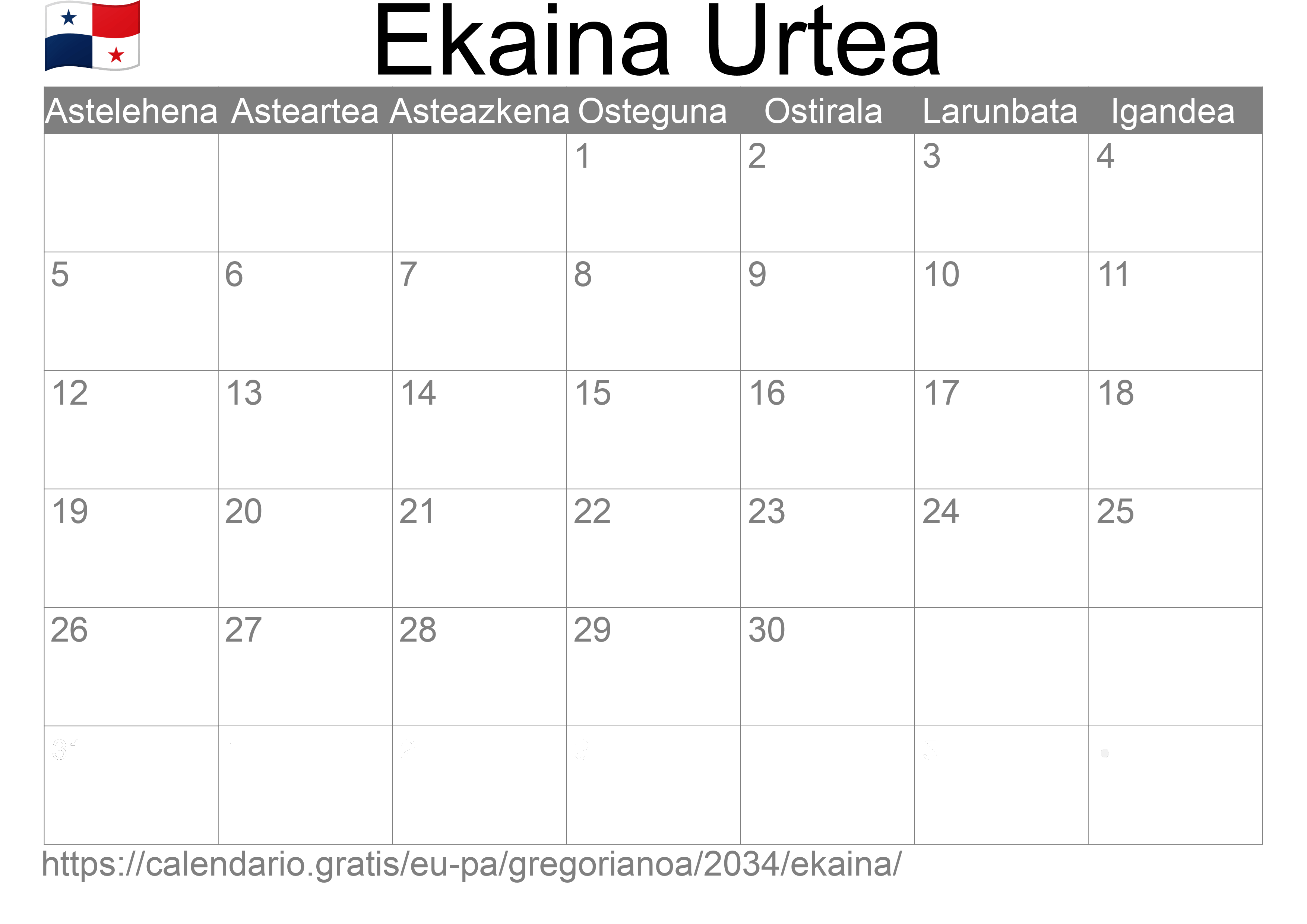 2034ko Ekaina egutegia inprimatzeko