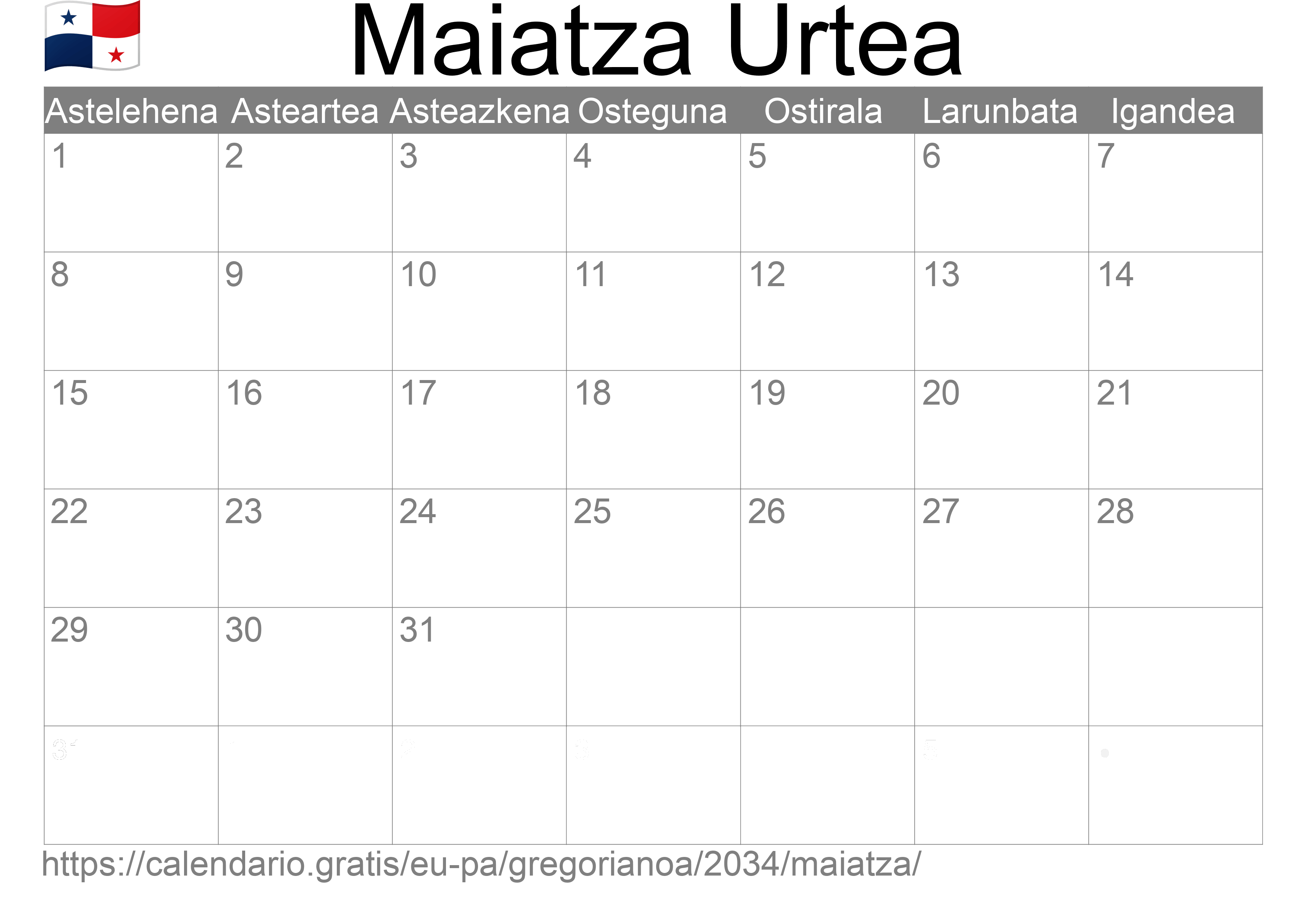 2034ko Maiatza egutegia inprimatzeko