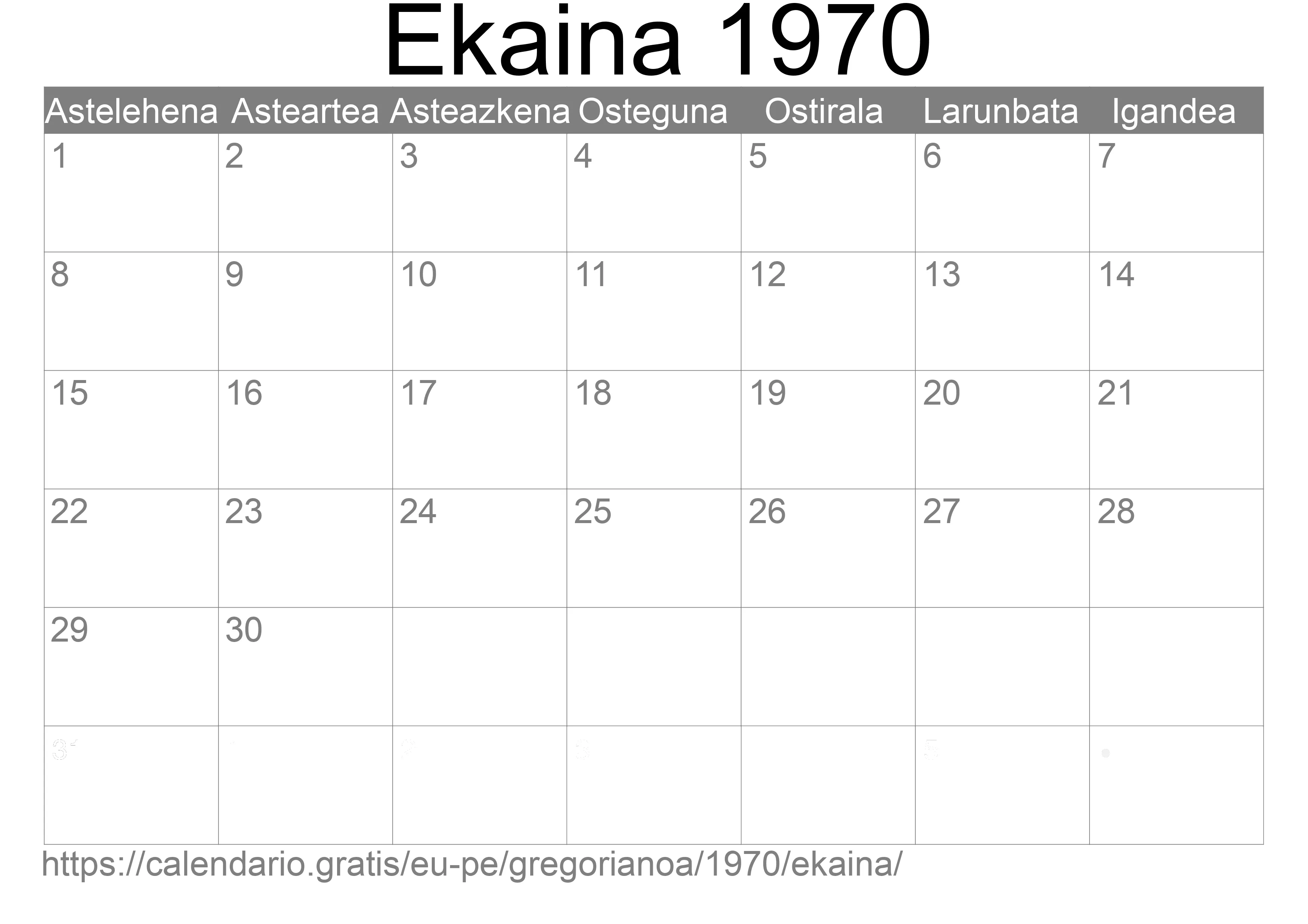 1970ko Ekaina egutegia inprimatzeko (Peru) 1970ko Ekaina egutegia inprimatzeko (Peru)
