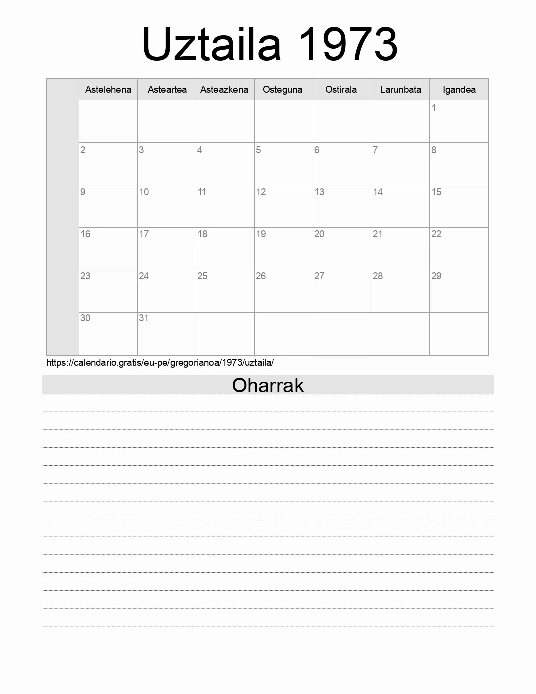 Inprimatzeko Uztaila 1973 egutegia, oharrekin. (Peru)