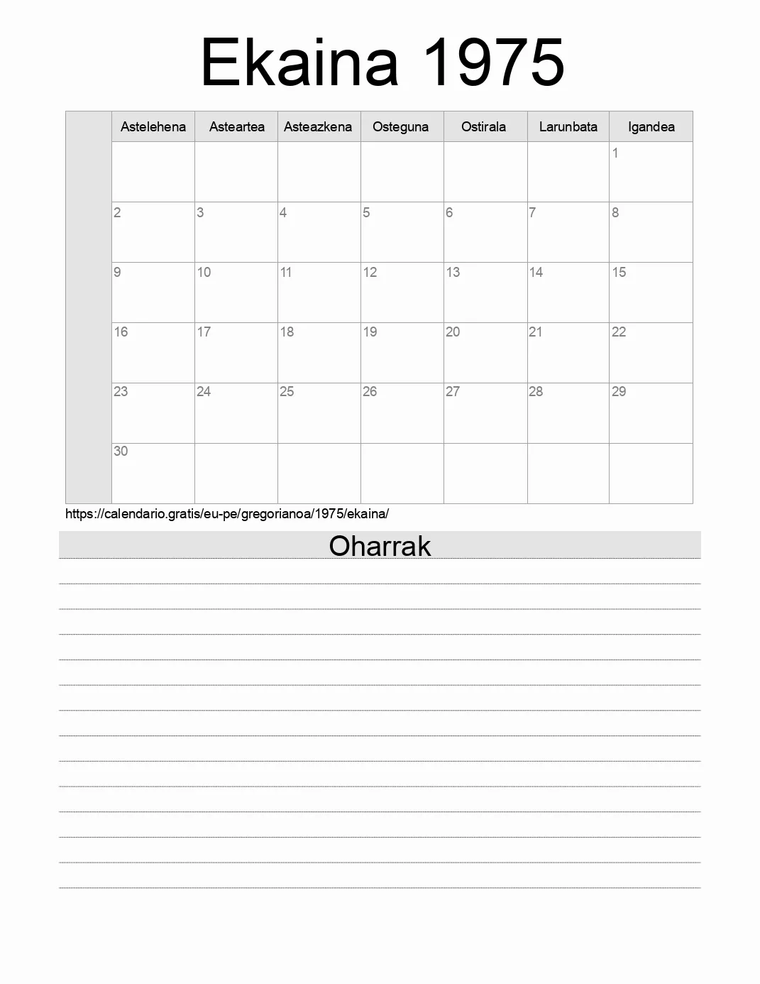 Inprimatzeko Ekaina 1975 egutegia, oharrekin. (Peru) Inprimatzeko Ekaina 1975 egutegia, oharrekin. (Peru)