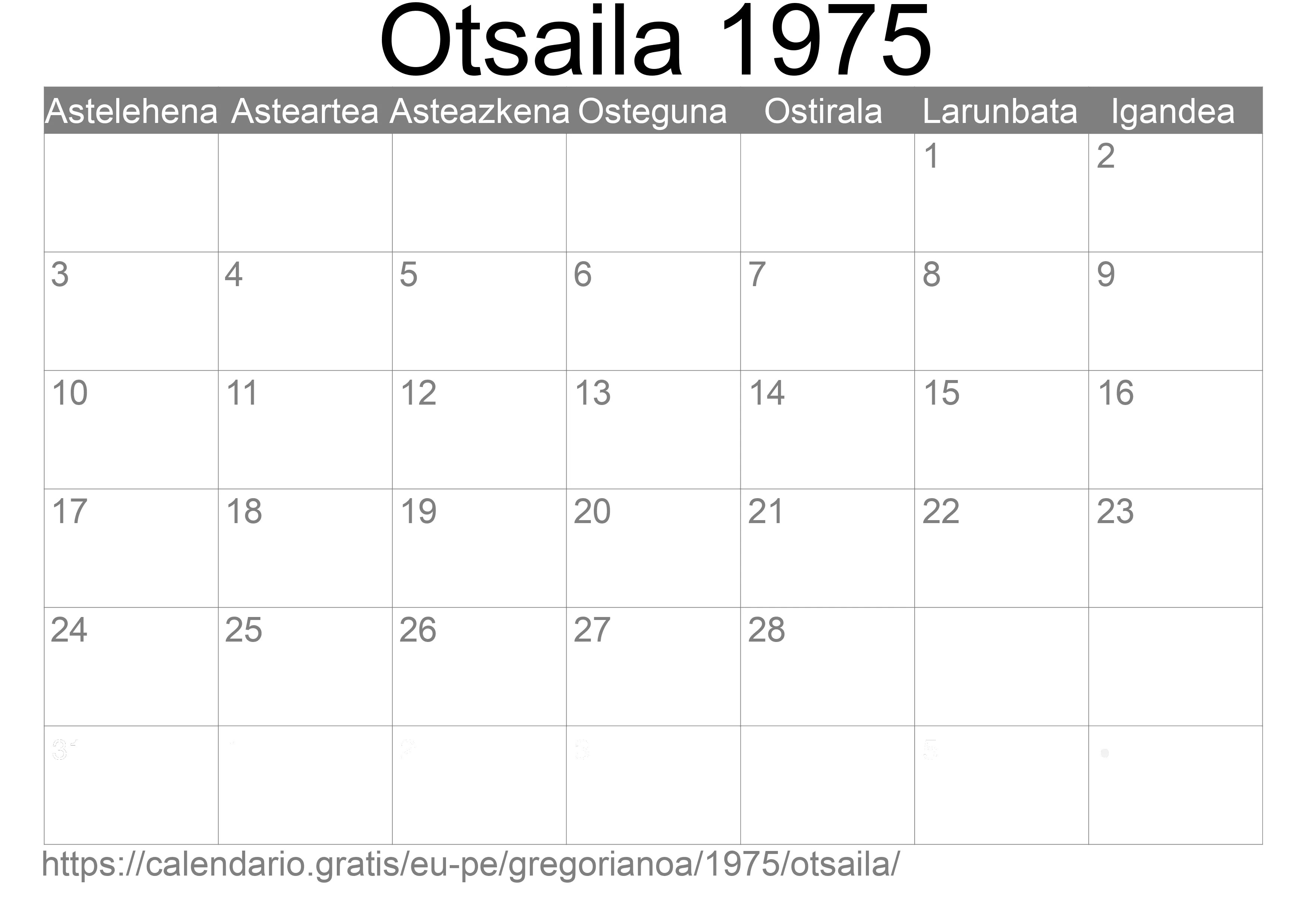 1975ko Otsaila egutegia inprimatzeko (Peru) 1975ko Otsaila egutegia inprimatzeko (Peru)