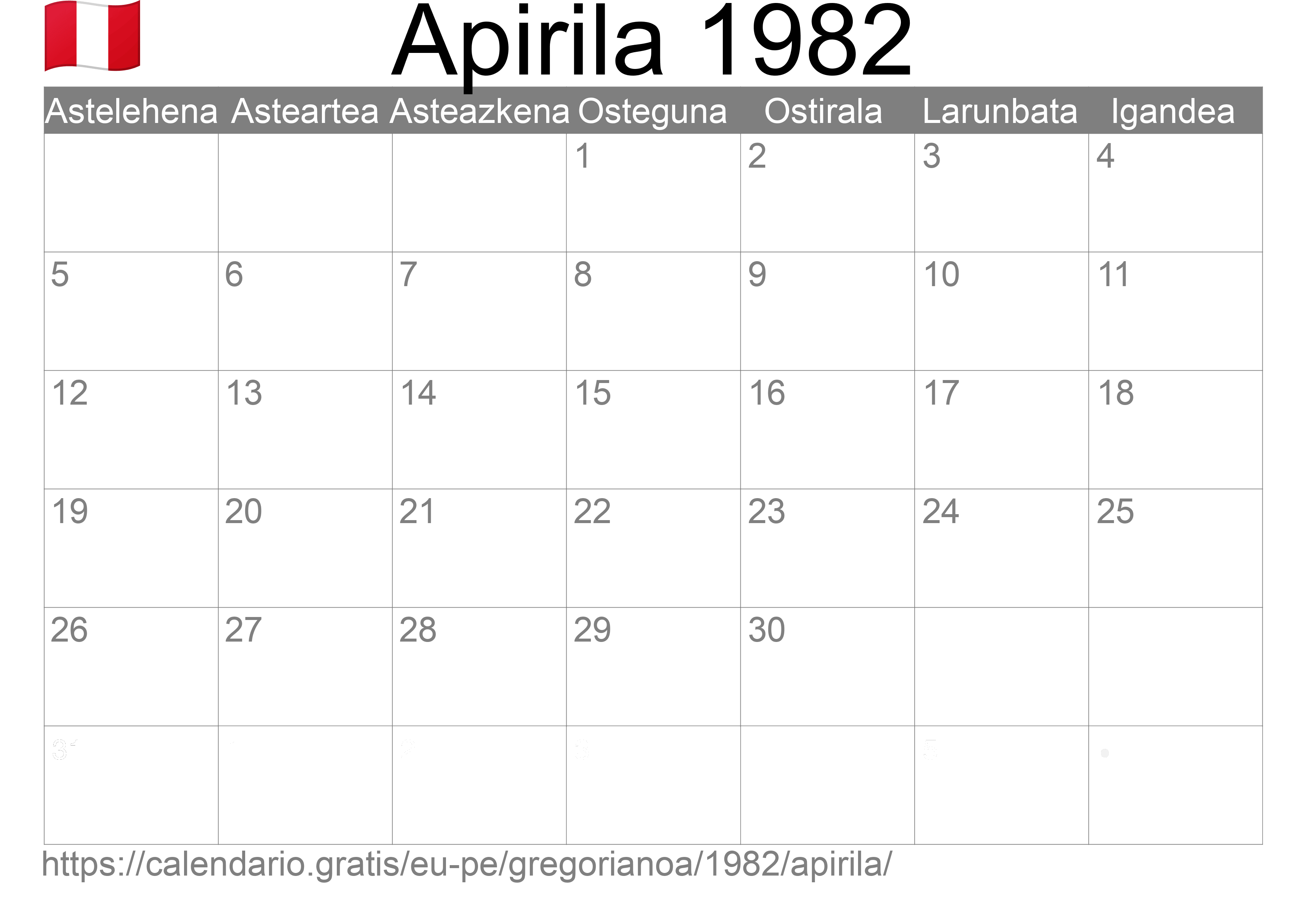 1982ko Apirila egutegia inprimatzeko