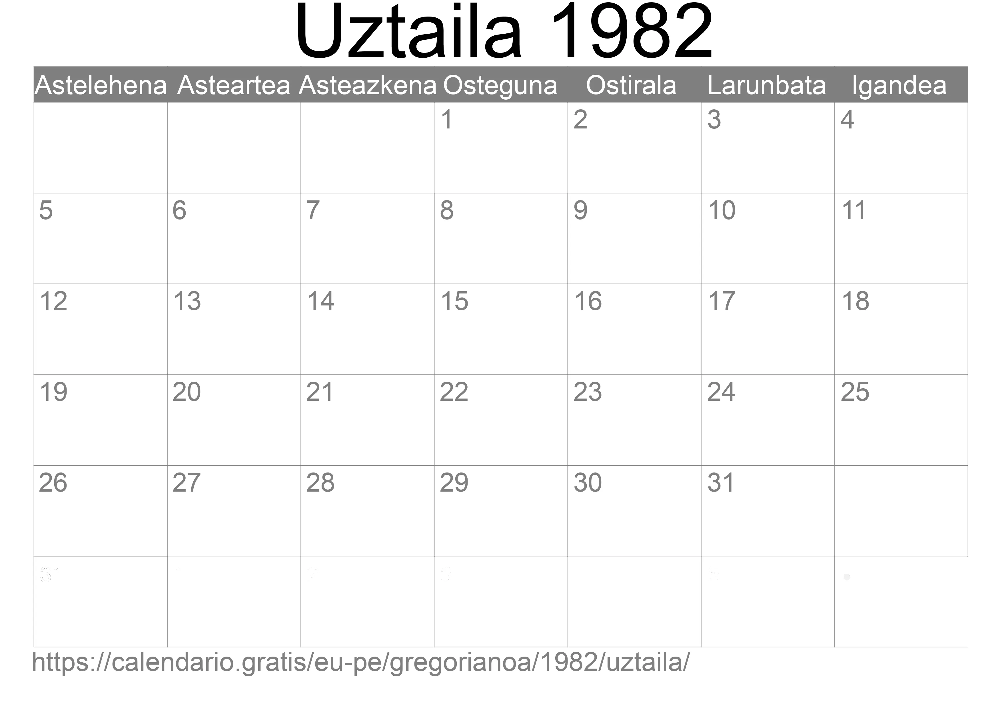 1982ko Uztaila egutegia inprimatzeko (Peru)