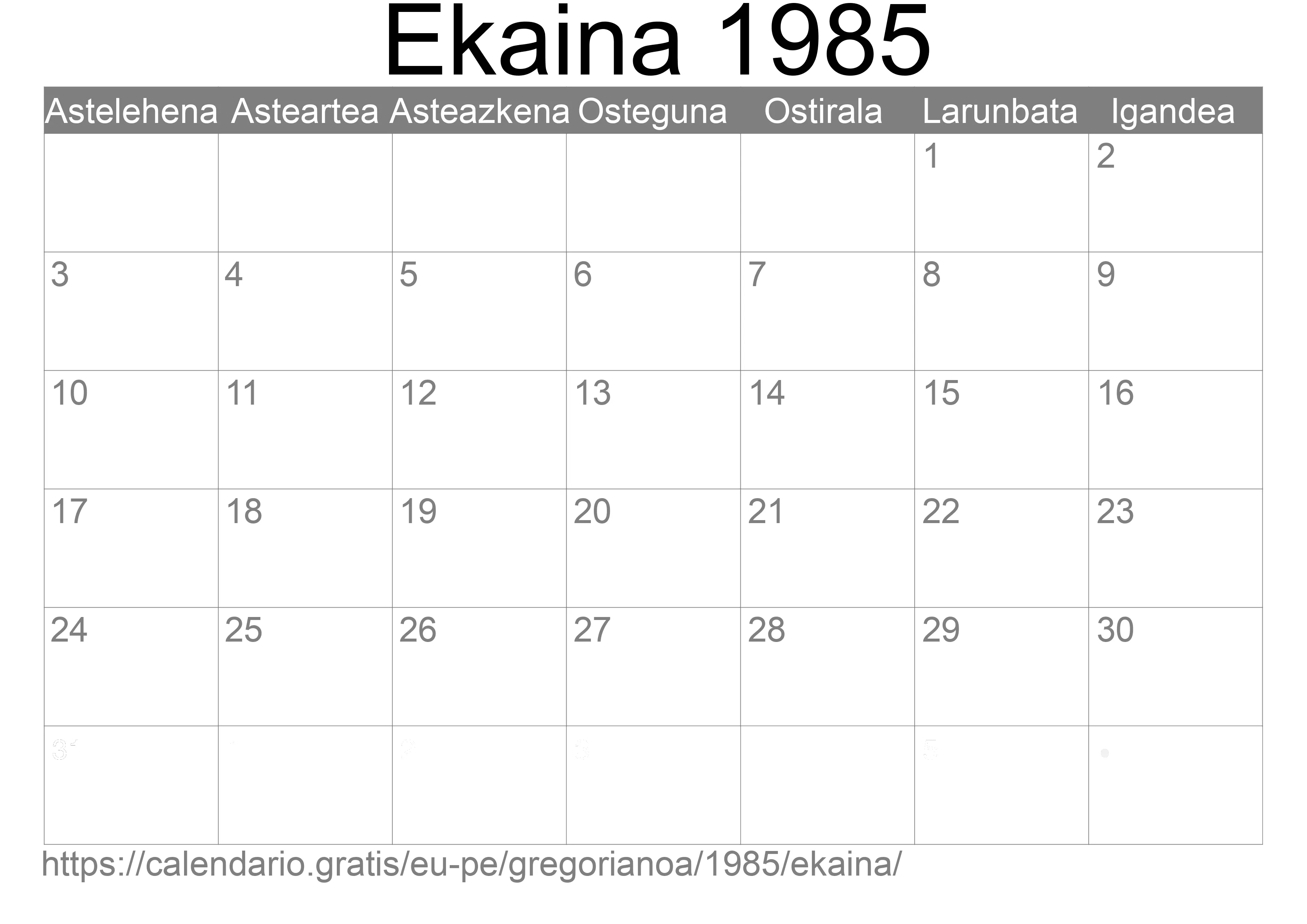 1985ko Ekaina egutegia inprimatzeko (Peru) 1985ko Ekaina egutegia inprimatzeko (Peru)